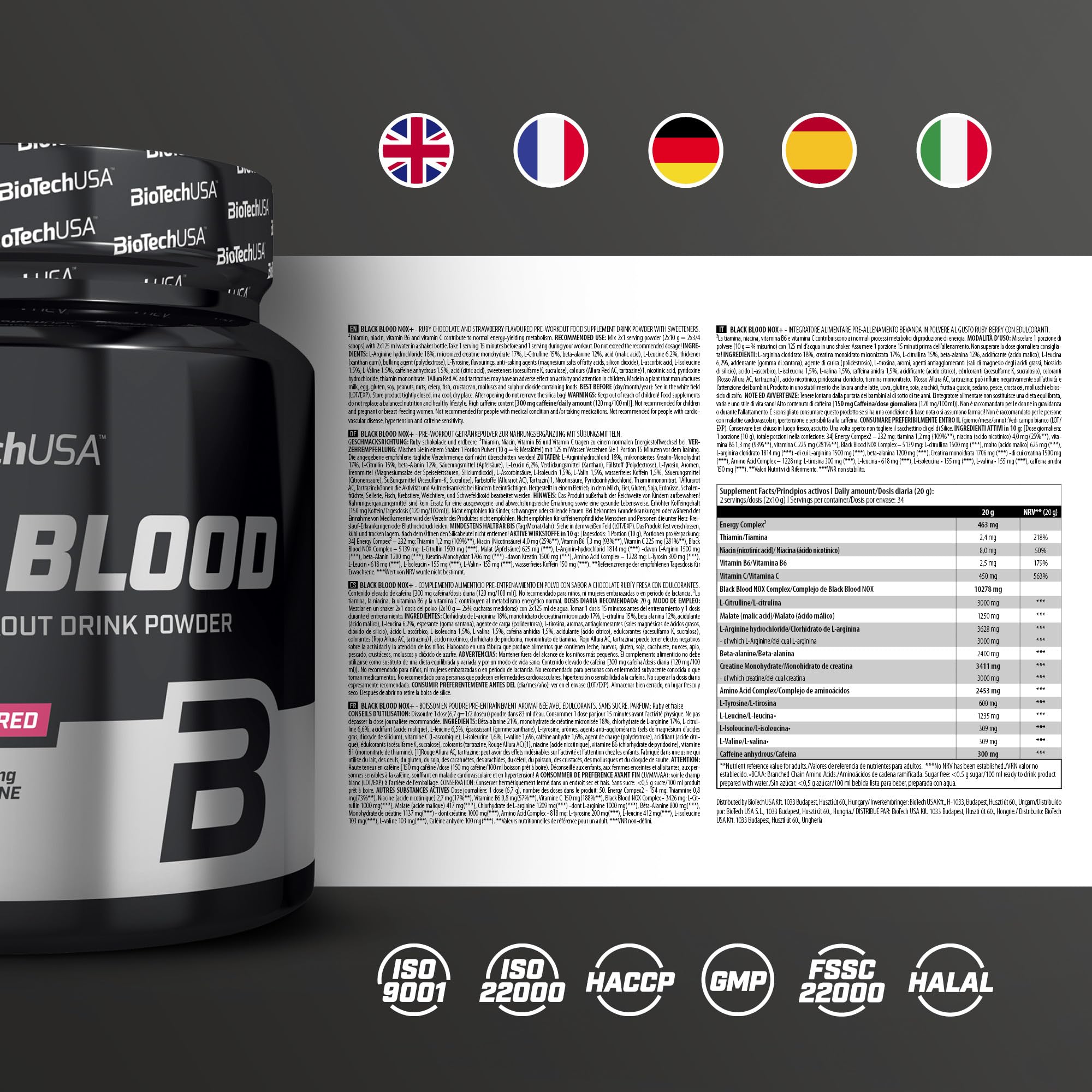 BioTechUSA Black Blood NOX+ | Pré-entraînement avec créatine & caféine | Citrulline, arginine & bêta-alanine | Vitamines B & C pour réduire la fatigue | Sans sucres | 340 g | Ruby berry
