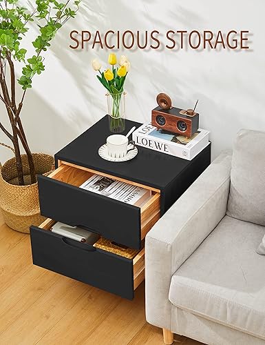 Miniatura 4 de Mesita de noche de madera con mango ranurado moderno de mediados de siglo, cajón de almacenamiento y estante, mesa auxiliar de noche, 2 cajones