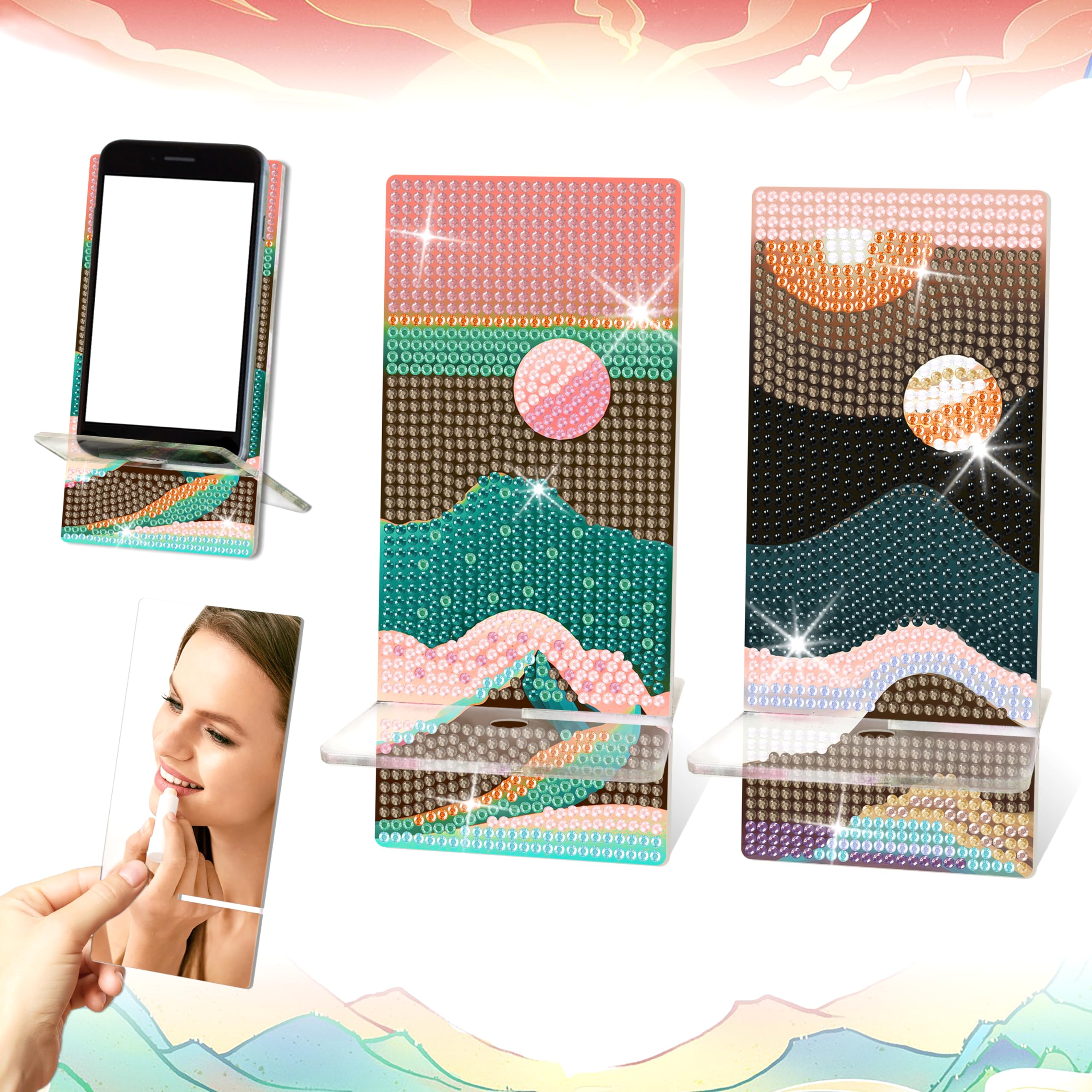 Aeadar Diamond Painting kits Phone Holder & On the Back is A Diamond Art Mirror, 5D Crystal Rhinestone Diamond Art Craft Kit Gift for Adult/Womans (2 Pack, Mountains Sunset)