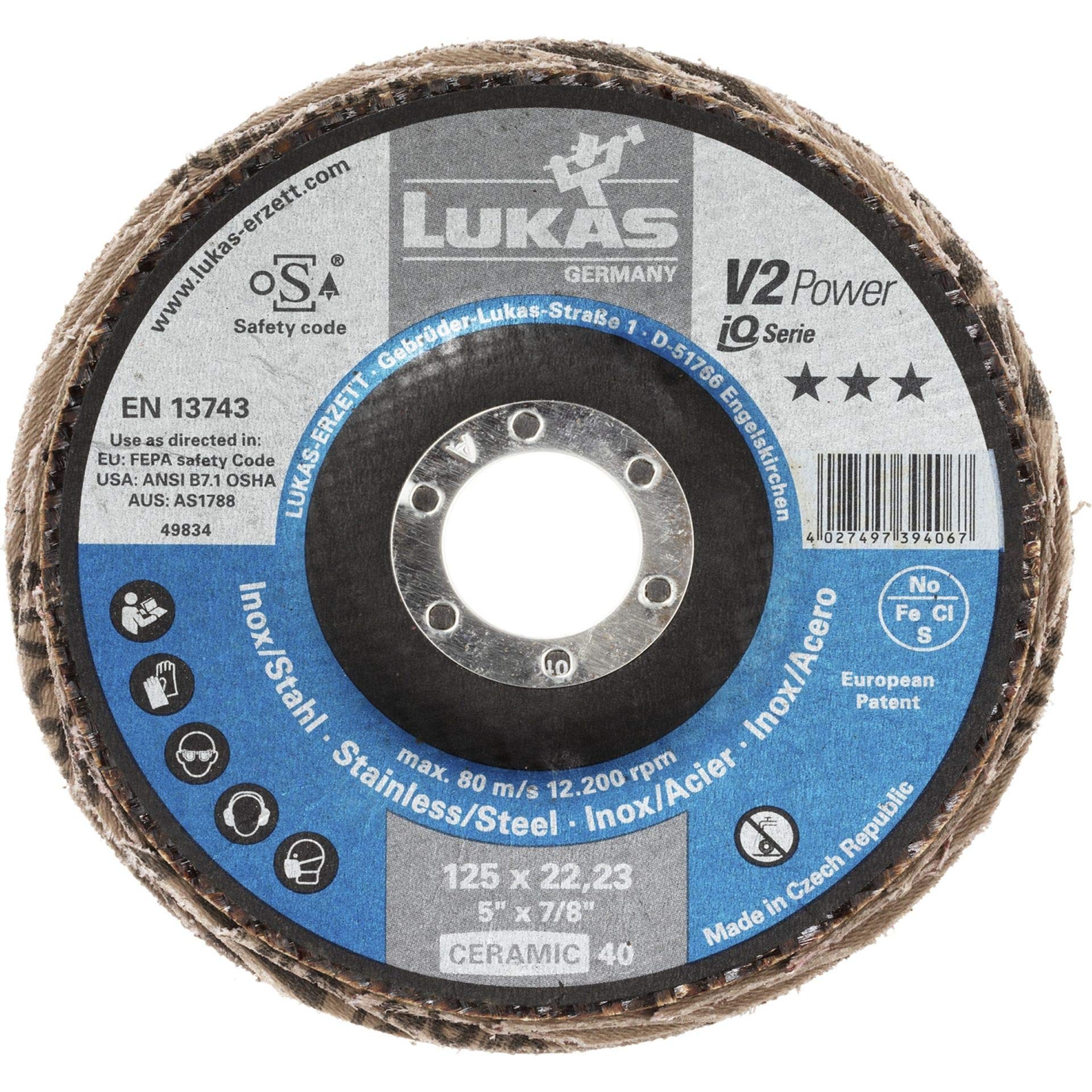 LUKAS Fächerschleifscheibe V2 POWER universal Ø 115 mm Ceramic Korn 40 schräg
