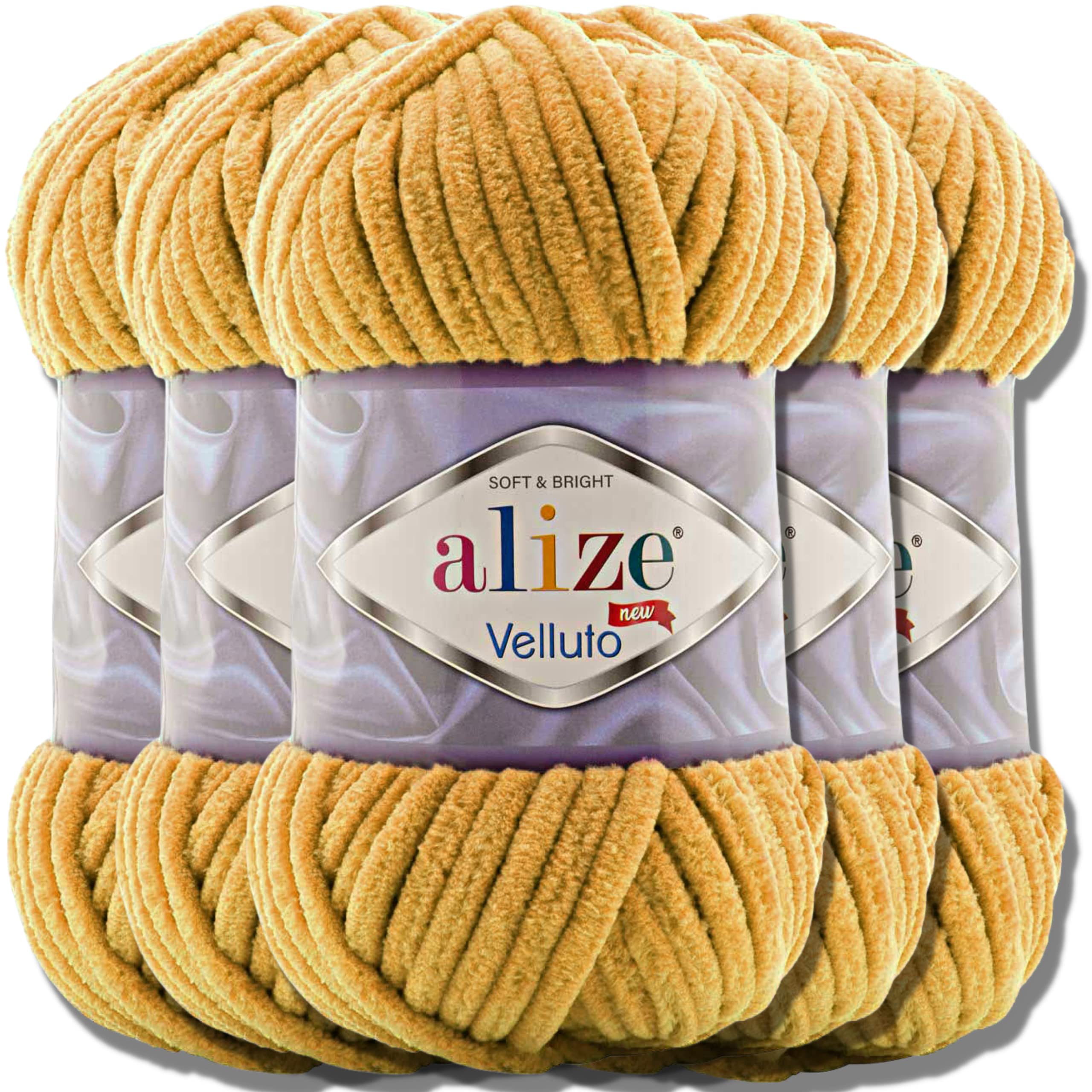 Alize Velluto 5 x 100 g Super Bulky Turkish Wool, XXL Ball for Amigurumi, Soft, Baby Wool, for Crochet and Knitting (Mustard - 2)