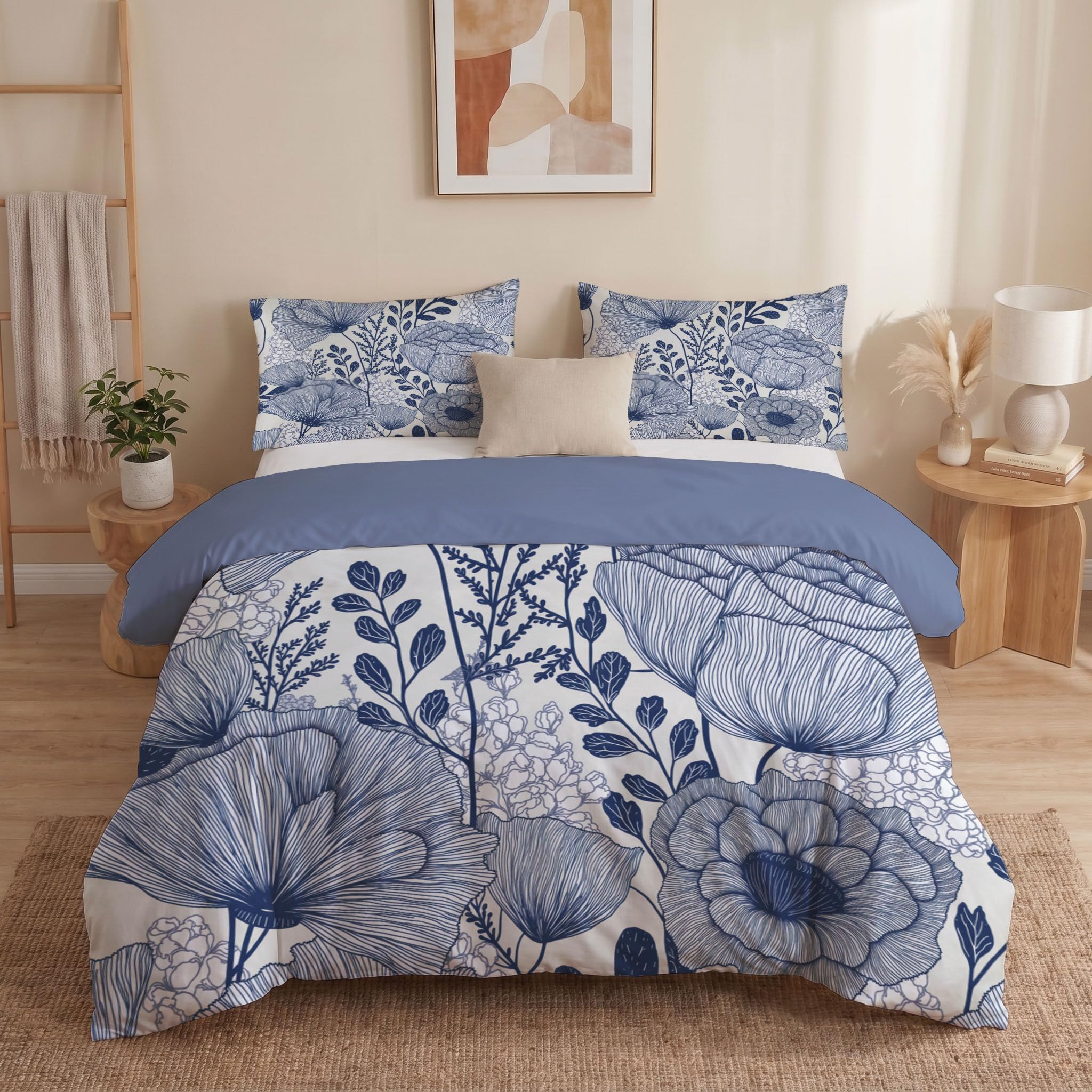 Housse de couette 220x240cm dessin trait de fleurs coquelicot, parure de lit finitions haut de gamme