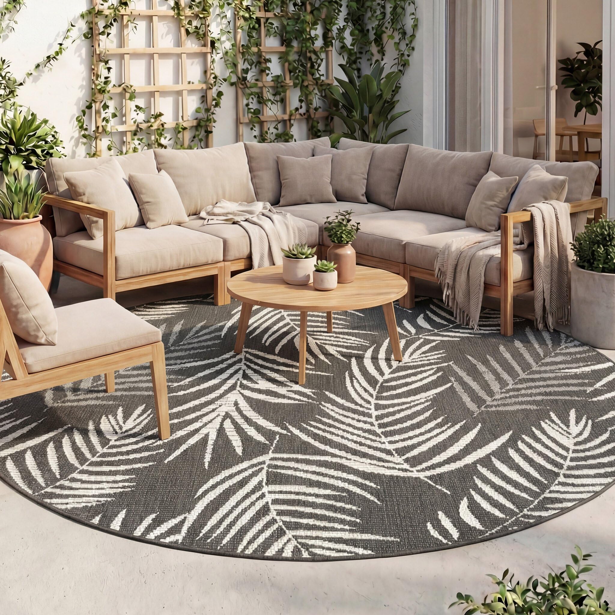 In- & Outdoor Teppich Rund - Malta Leaves Schwarz - Ø 100 cm | Wetterfest - Synthetik, Polypropylen - Balkon, Garten / Terrasse, Flur - Terrasse teppich - Outdoor rug