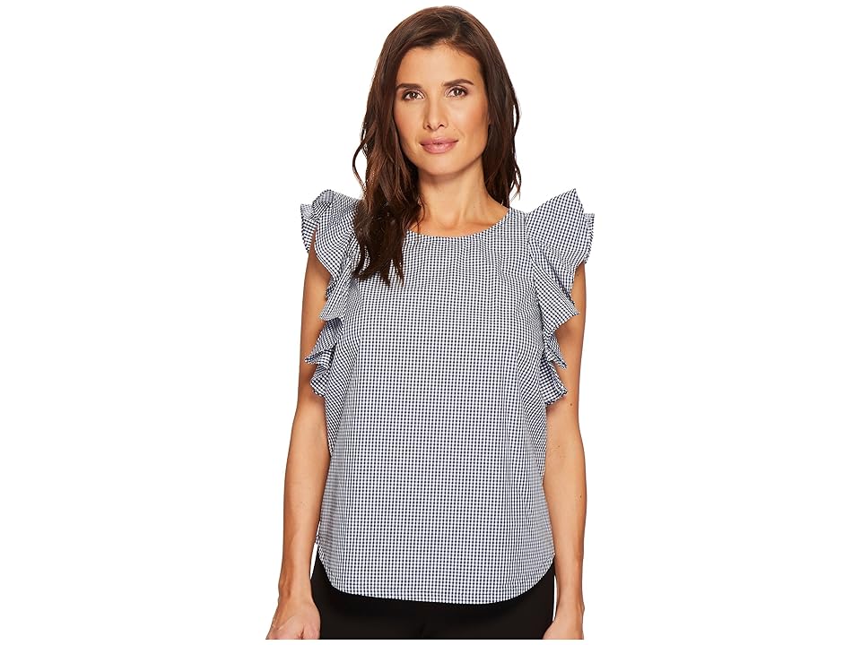 

Ivanka Trump Woven Cotton Ruffle Sleeve Blouse (Navy/White) Women's Blouse