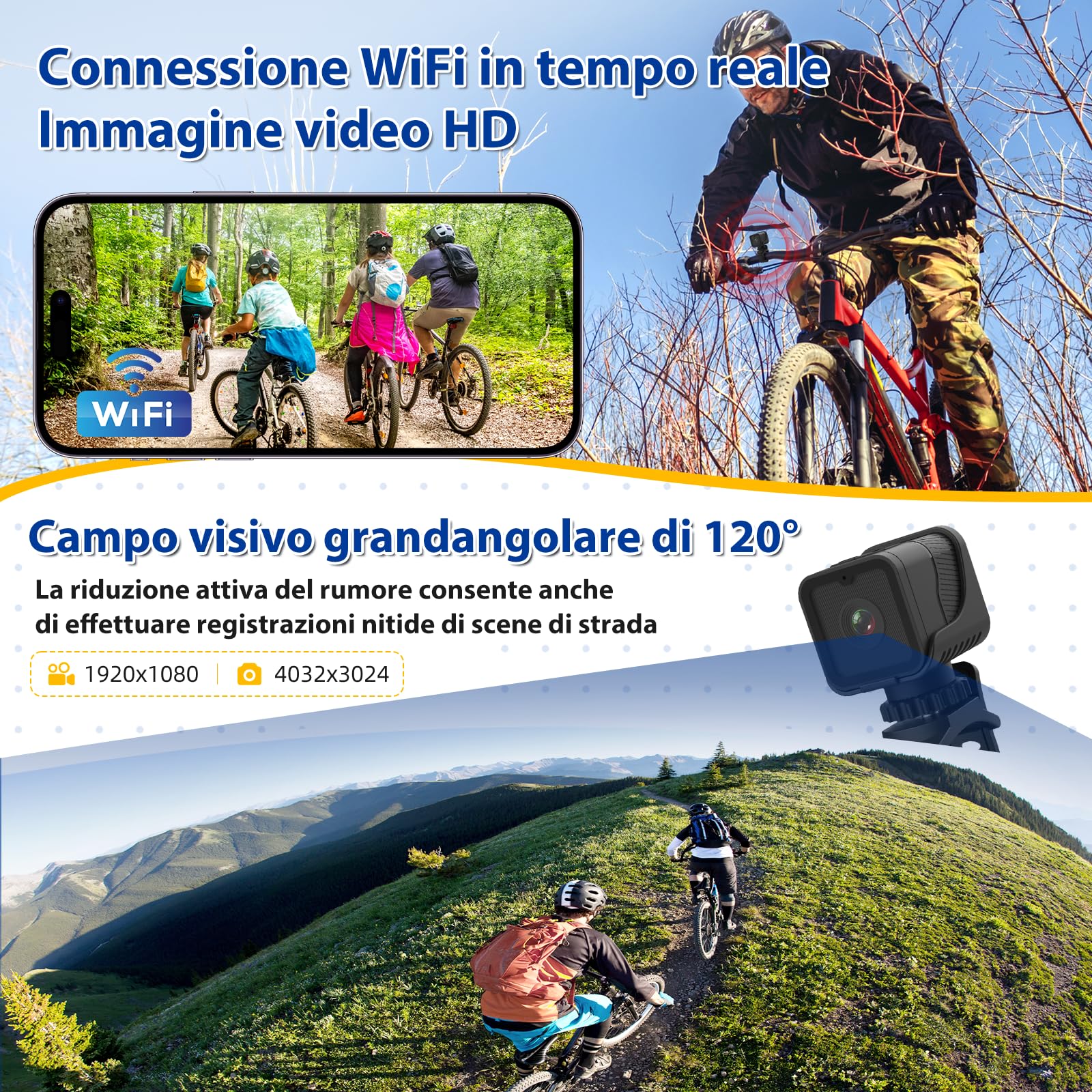 AIKER Dash Cam Moto Mini WiFi Action Cam IP66 1080PHD 120° Regolazione Automatica 64GB