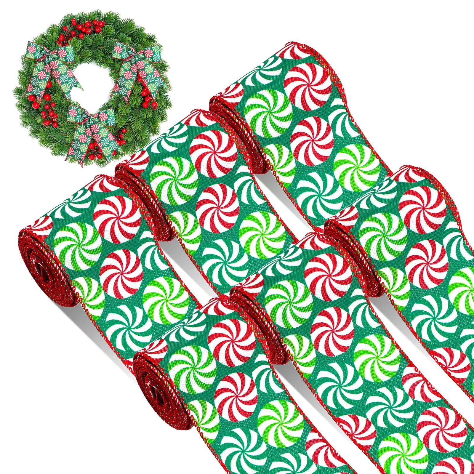 6 Rolls/ 36 Yard Christmas Ribbons Candy Peppermint Wired Edge Ribbon Peppermints Ribbon for DIY Crafts Wreath Christmas Tree Decoration Gift Wrapping Party