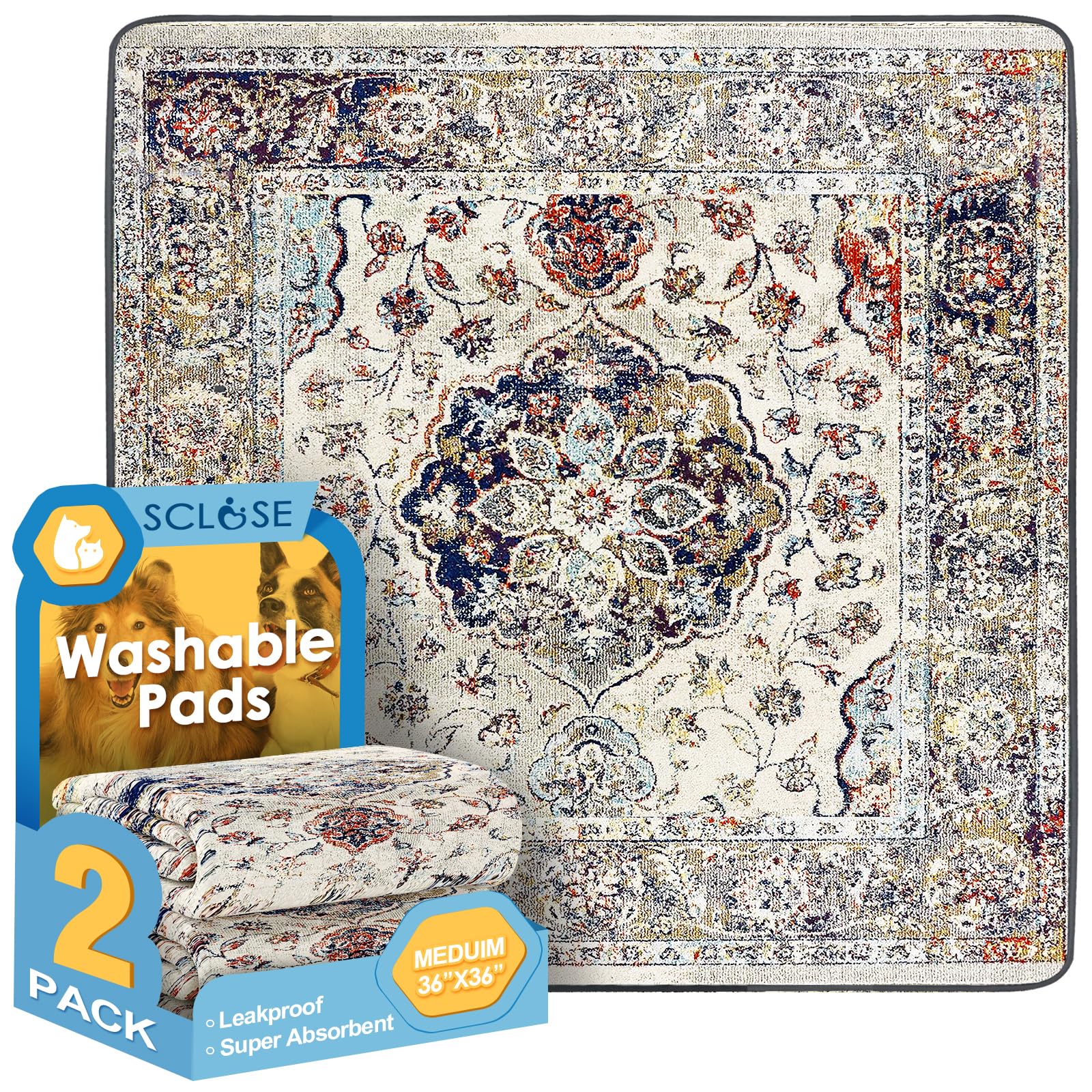 SCLOSE Washable Pee Pad for Dogs 2 Pack, 36" x 36" Reusable Puppy Pads Waterproof Dog Rugs, Super Absorbent, Leakproof, Dog Crate Pad, Playpen Mat, Whelping Pads, Vintage Medallion