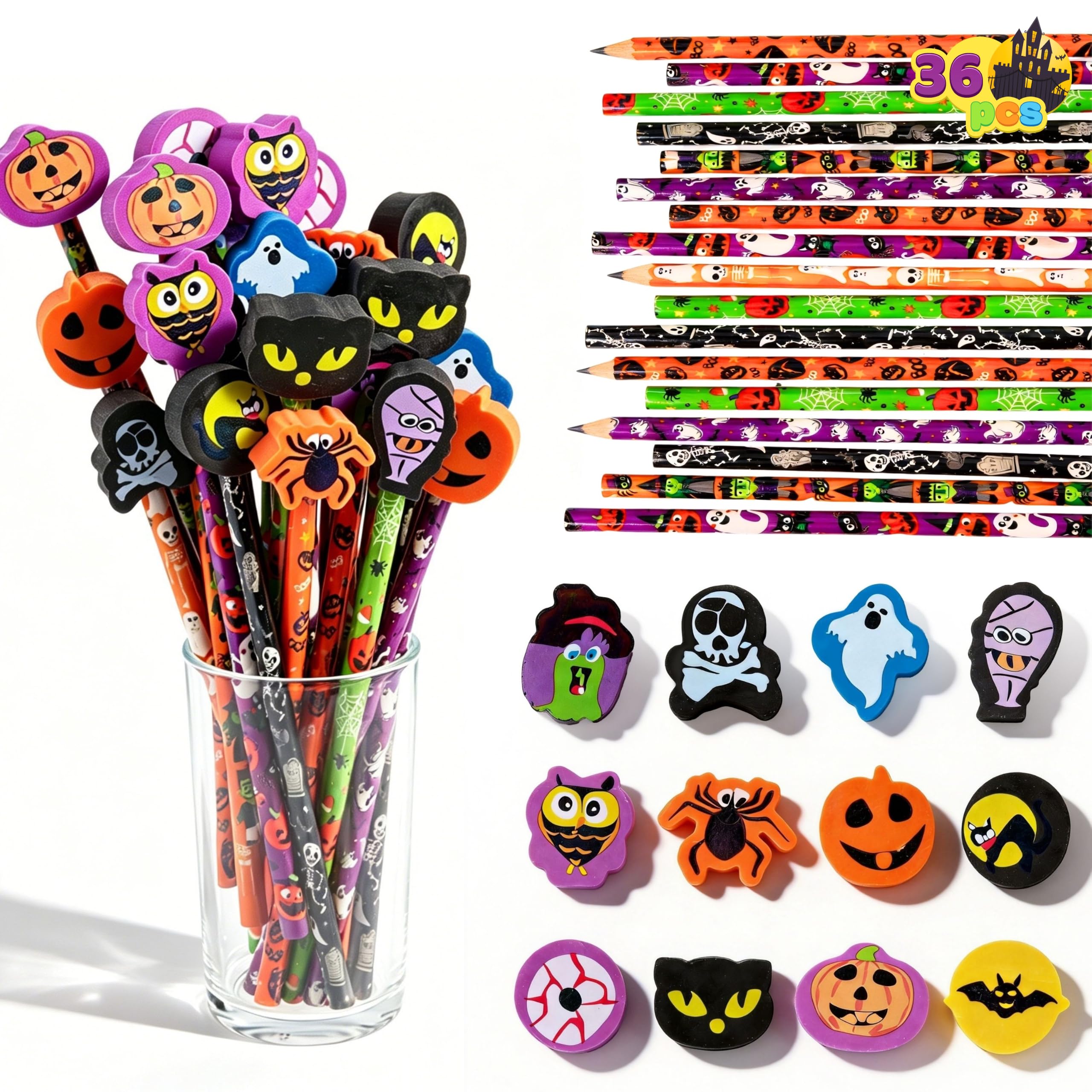 JOYIN 36PCS Halloween Pencils with Erasers Stationery Set, 36 Colorful Pencils in 6 Design, 36 Giant Erasers in 12 Style for Kid Trick or Treat, Halloween Party Favor Supplies, Classroom Prize Gift