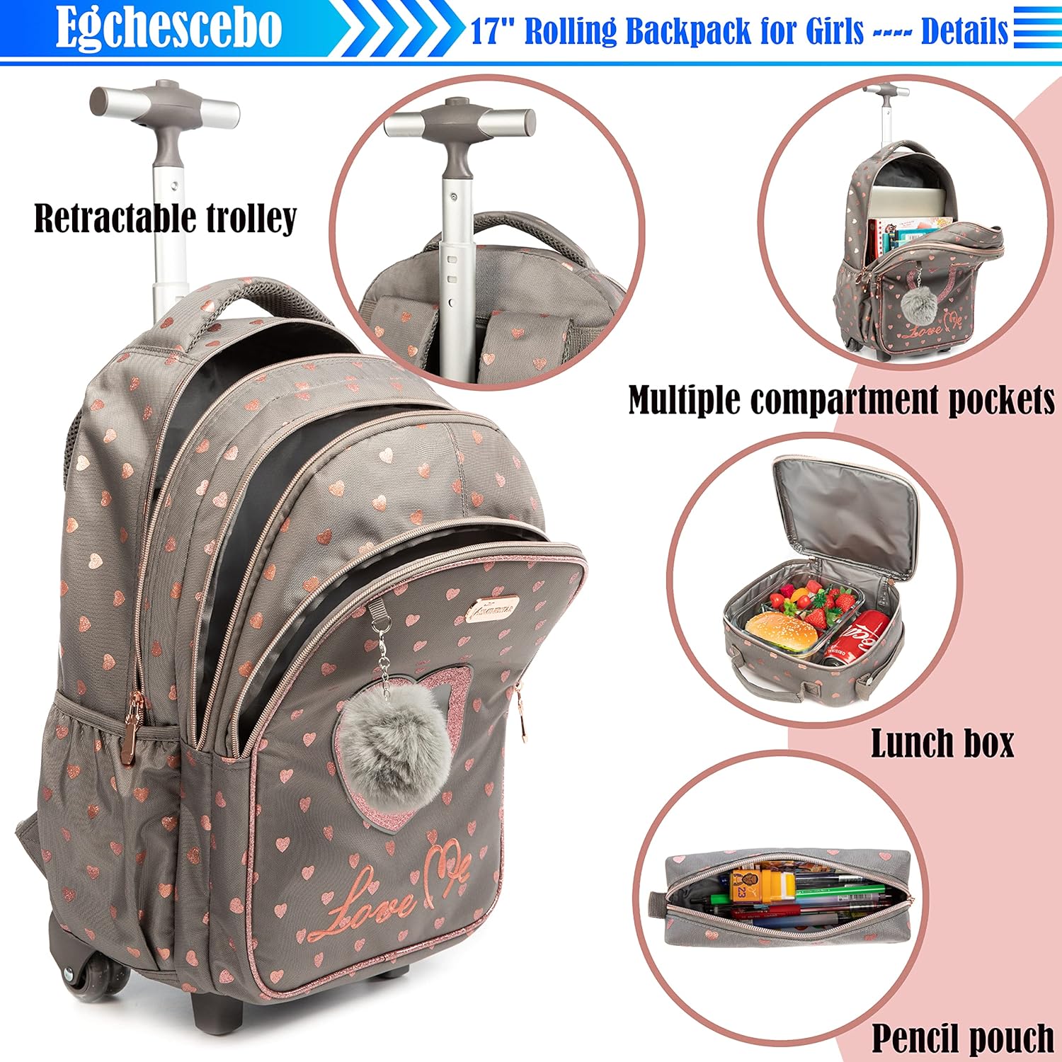 Egchescebo School Bags Kids Rolling Backpack for Girls Kids Luggage Suitcase With Wheels - Image 5