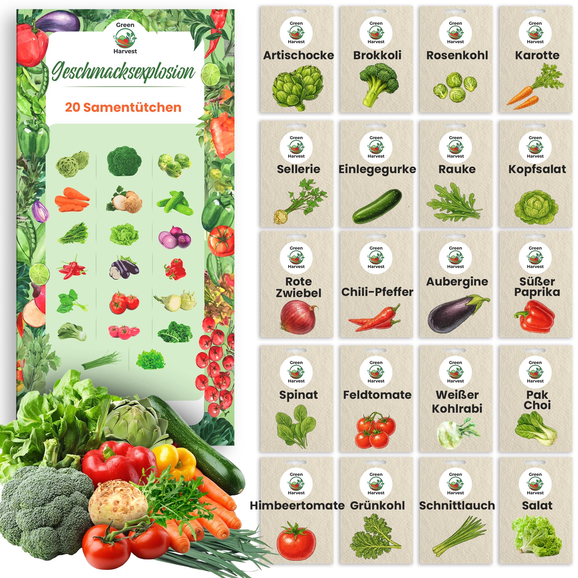 TORAF Gemüsesamen Set 20 Sorten – Premium Saatgut für Garten, Balkon & Hochbeet – Artischocke, Brokkoli, Rosenkohl, Tomate, Gurke, Rucola, Kopfsalat, rote Zwiebeln, Chili – Anzuchtset Gemüsepflanzen