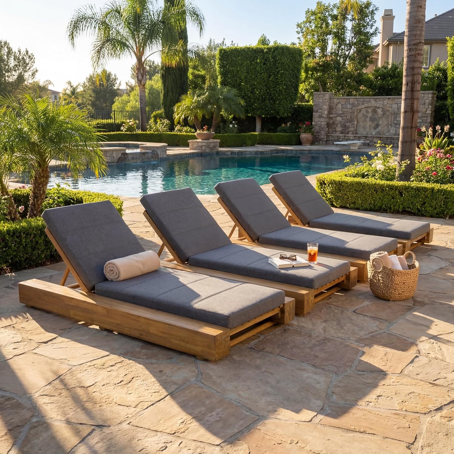 Christopher Knight Home Tory Acacia Wood Chaise Lounge Chair Outdoor Set of 4, Poolside Sun Lounger Recliner, Patio Outdoor Chaise Lounge with Cushions, Adjustable Backrest Lounge Sofa, Grey+Teak