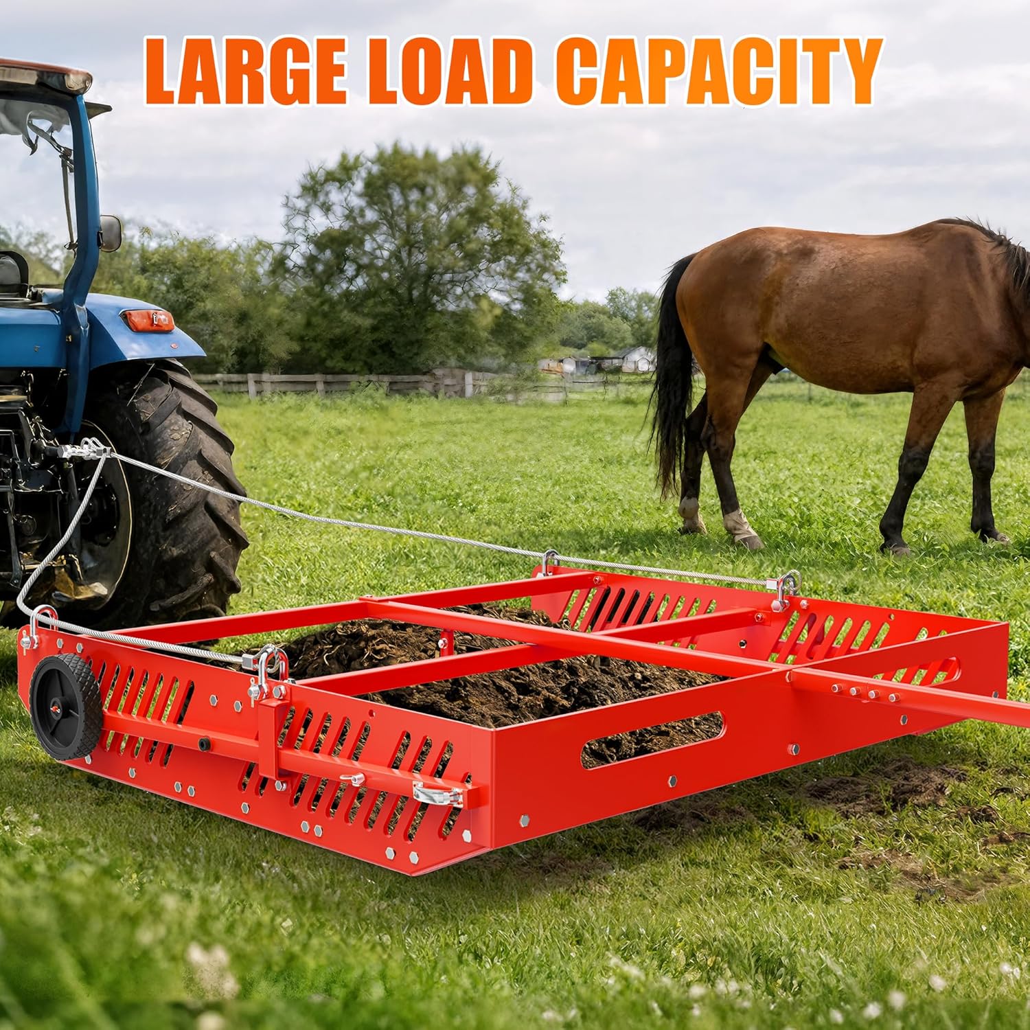 Red Horse Manure Scoop Tow Behind, 2-in-1 Tow Behind Manure Collector & Horse Paddock Cleaner, Pull Behind Pasture Manure Scoop for ATV UTV Tractor, Heavy Duty Horse Pasture Cleaner Yard Sweeper