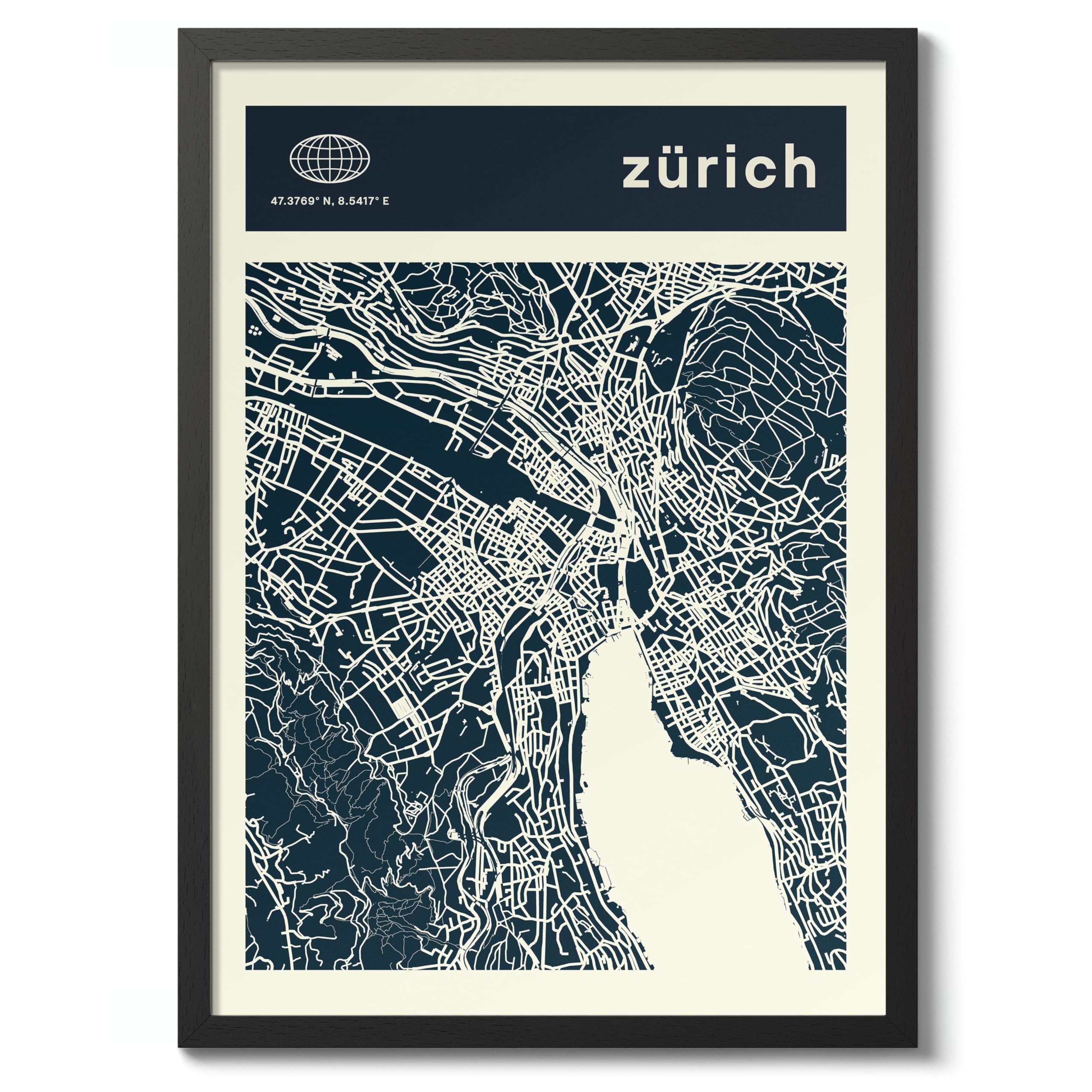Zurich Minimalist City Maps Poster, City Coordinates Print, Landmark Apartment Home Decor, A4 (Black Frame) - 32.7x24.1cm โ image 1