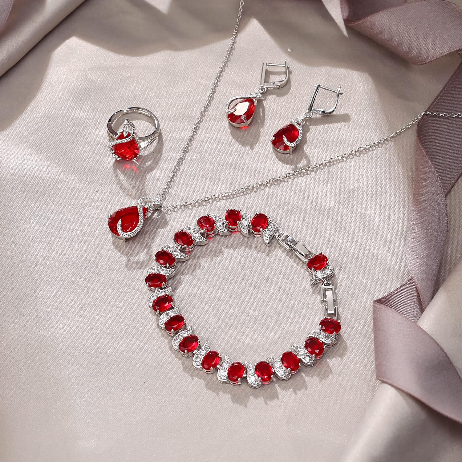 EVER FAITH Wedding Jewelry Set for Bride Bridesmaid, Glamour Teardrop Cubic Zirconia Pendant Necklace Earrings Tennis Bracelet Open Ring Sets for Birthday/Valentine's Day/Mother's Day/Christmas - Image 5