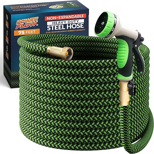 Miniatura 15 de Manguera de jardín PowerFlow, manguera de agua de acero inoxidable de 100 pies de alta calidad no expandible con piel de tela duradera, manguera
