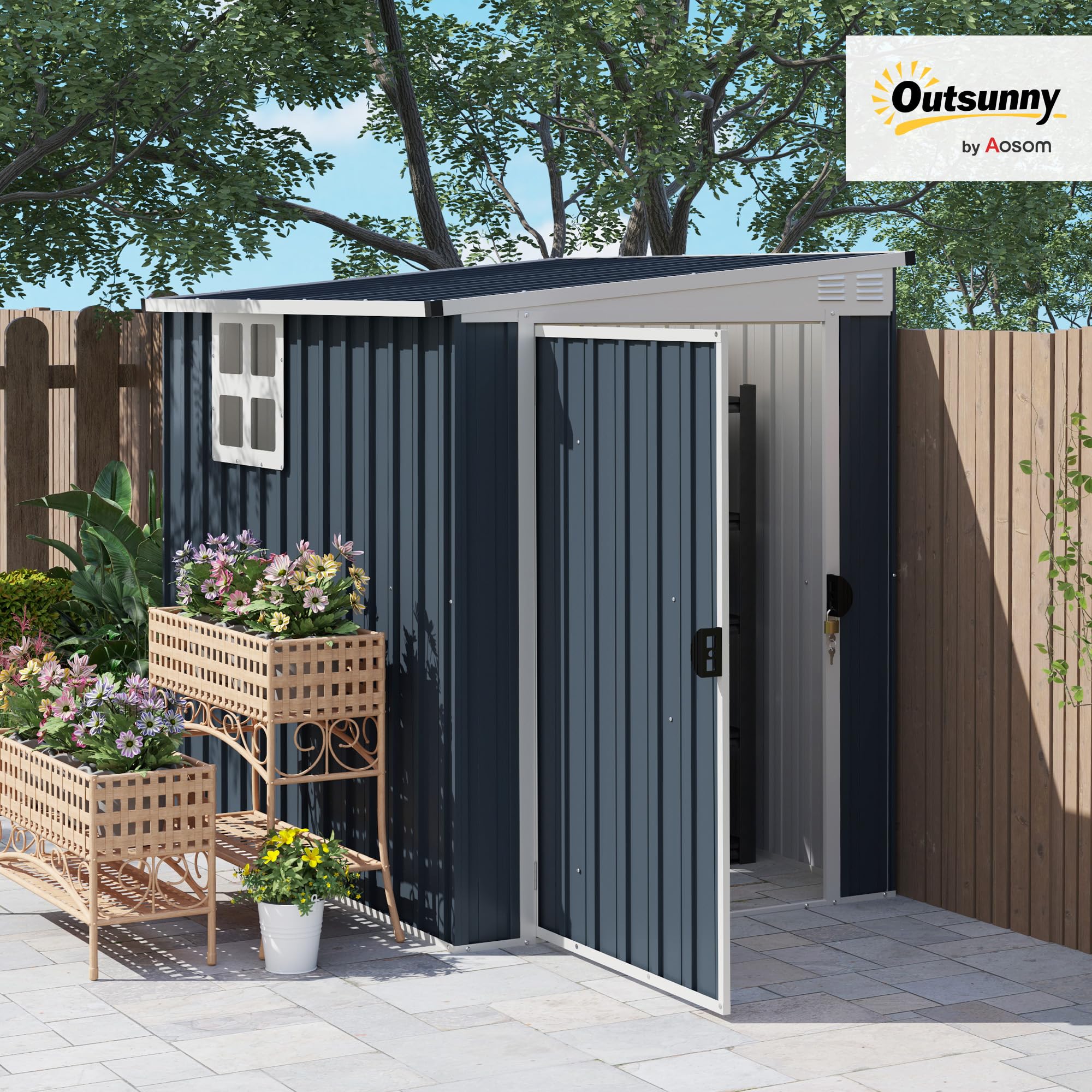 Outsunny Casetta da Giardino 2.6m² in Acciaio Zincato con 2 Prese d'Aria e Finestra Trasparenti, Capanno Porta Attrezzi con Tetto Inclinato, Porta Bloccabile, Impermeabile e Anti UV, Grigio Scuro