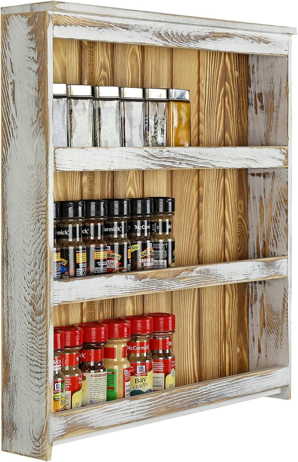 MyGift 3 Tier Wall Mounted Spice Rack, Shabby White Washed and Rustic Natural Burnt Solid Wood Kitchen Pantry Storage Shelf for Seasoning Jars or Condiment Bottles MyGift 3 Tier Wall Mounted Spice Rack, Shabby White Washed and Rustic Natural Burnt Solid Wood Kitchen Pantry Storage Shelf for Seasoning Jars or Condiment Bottles
