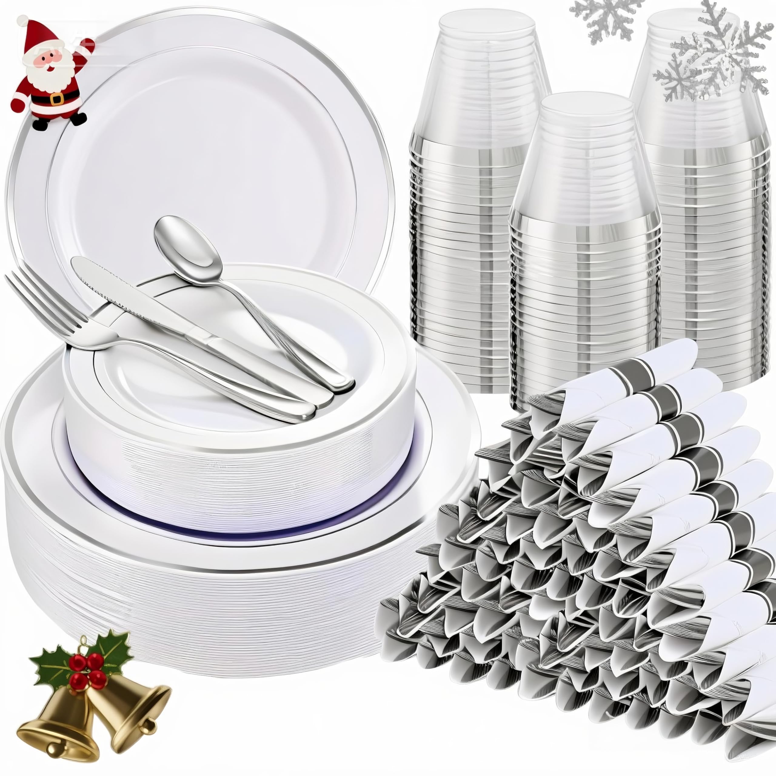 WELLIFE 700 Pcs Silver Plastic Plates for 100 Guests - Christmas Party Supplies Includes 200 Plastic Plates,300 Silver Silverware,100 Napkins,100 Cups for Party,Disposable Dinnerware Set