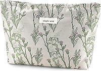 URSKYTOUS Cute Flower Makeup Bag for Women - Large Travel Cosmetic Pouch, Green Floral Leaf Design, Zipper Skincare Organizer Toiletry Bag