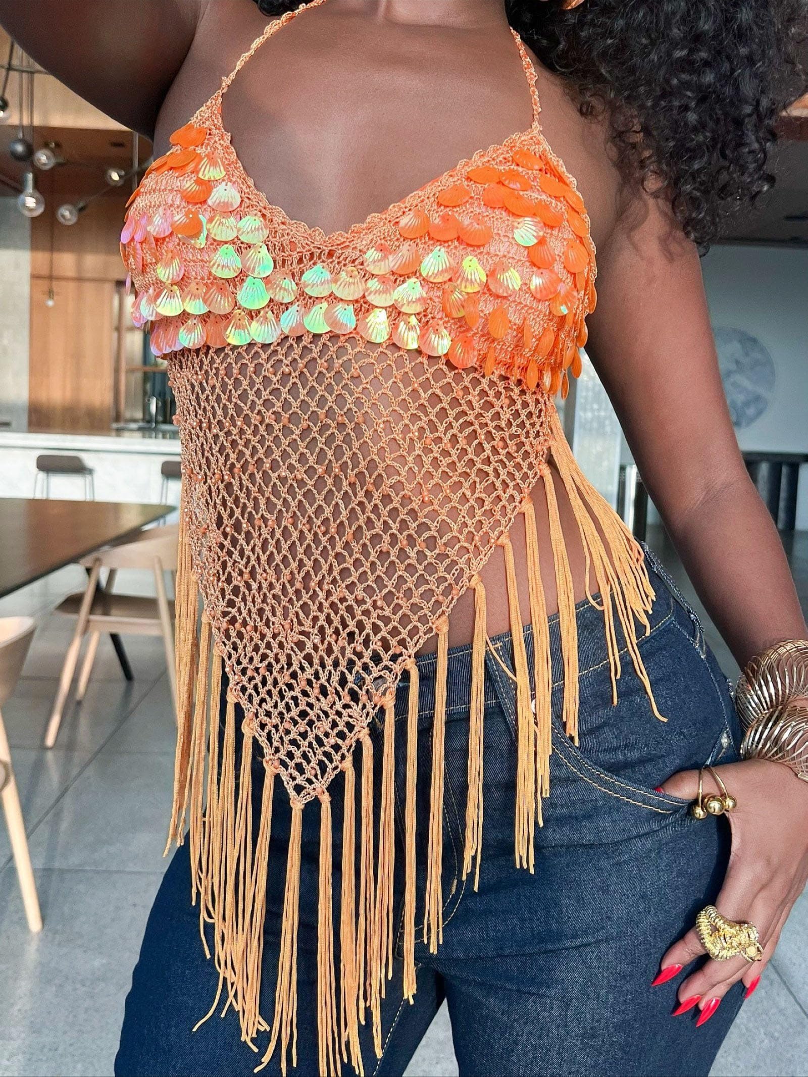 Top All'uncinetto Traforati Con Paillettes E Nappe Per Donna Con Allacciatura Al Collo Schiena Scoperta Senza Maniche Per Vacanze E Spiaggia