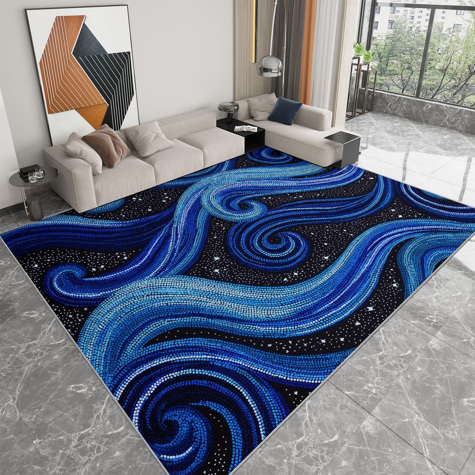 Générique Tapis Salon Lavable en Machine Fantaisie Rétro Mystérieux Étoiles, Tapis de Chambre à Poils Courts, Antidérapant Doux, Idéal pour Salle de cinéma Chambre sous-Sol, Bleu-Noir, 160 x 230 cm