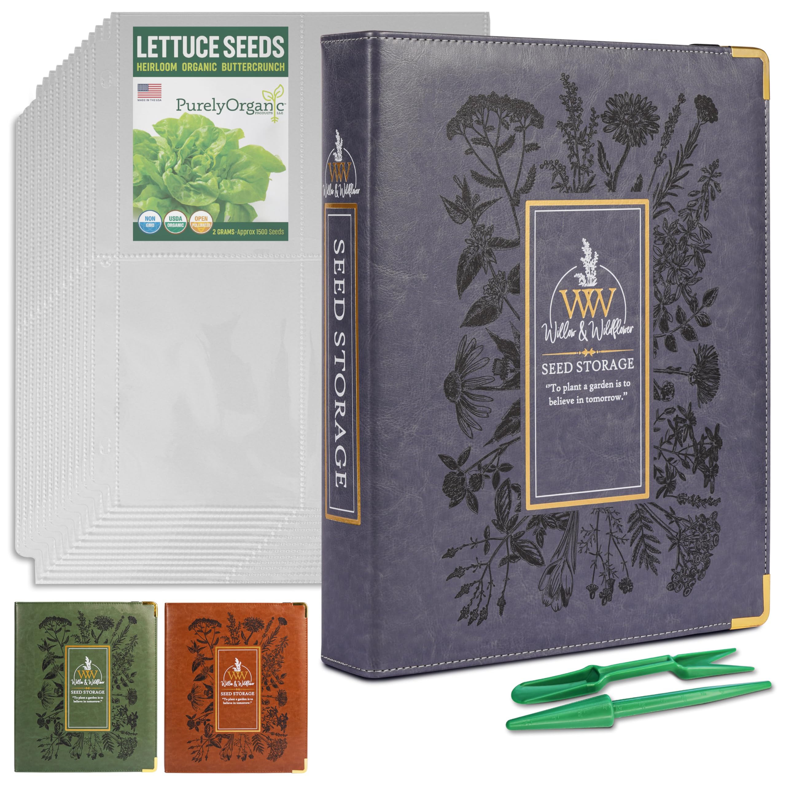 Create-ables Classeur de rangement de graines de jardin en saule et fleurs sauvages, organiseur de semences, classeur de jardin pour stockage de paquets, catalogue peut stocker 160 paquets avec