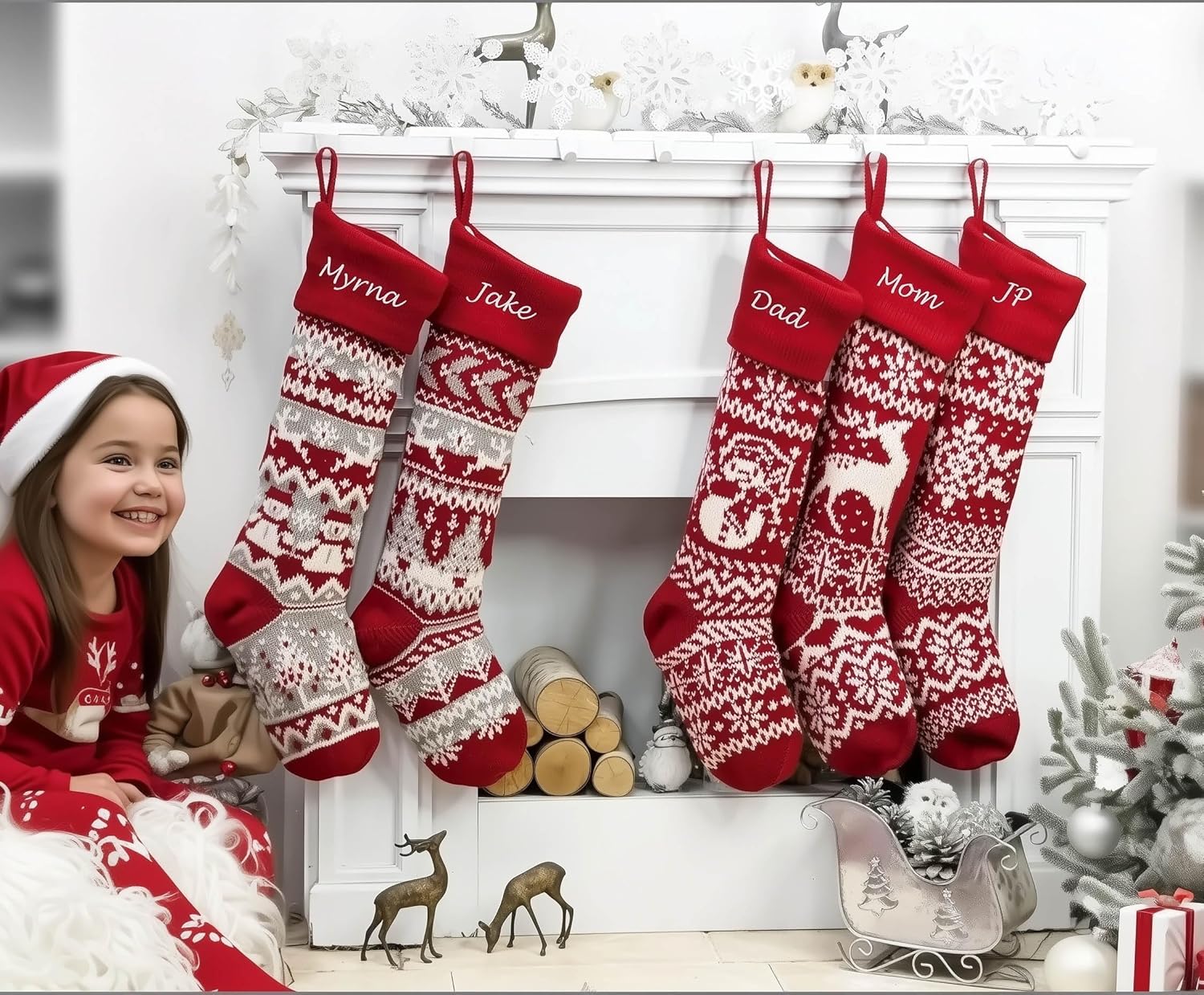 Personalized 28 inch Large Knitted Christmas Stockings – Intarsia Fair Isle Design with Nordic Patterns, Perfect for Family Holiday Decor - Red White and Red White Grey Patterns to Choose from