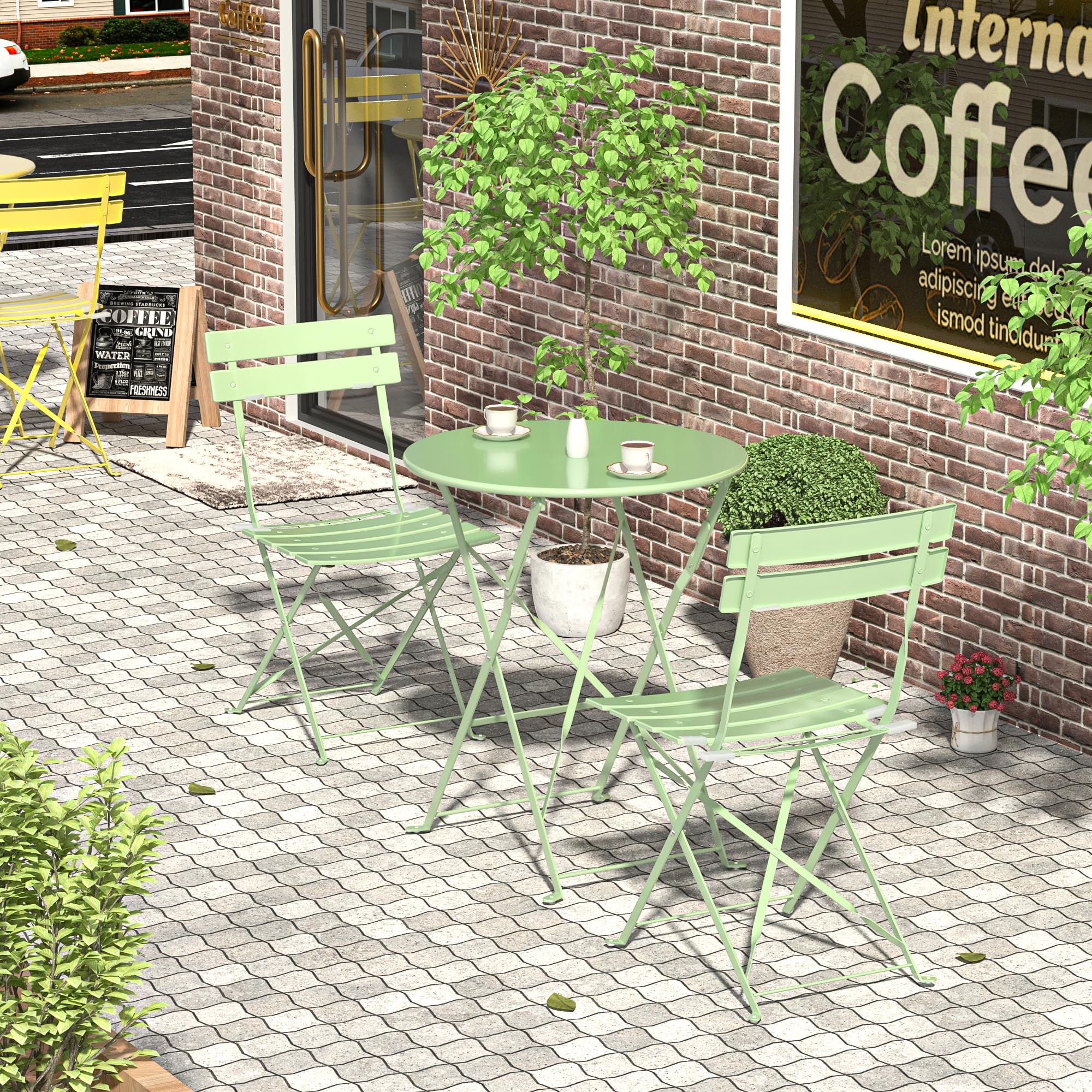 Set di mobili da giardino resistente alle intemperie, set da 3 pezzi, per piccoli balconi, tavolo da bistrot con 2 sedie, set da bistrò, pieghevole, verde