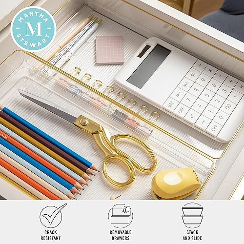 Miniatura 5 de Martha Stewart Kerry - Organizadores de cajones apilables de plástico para escritorio, 12 x 6 pulgadas, paquete de 3, con ribete dorado