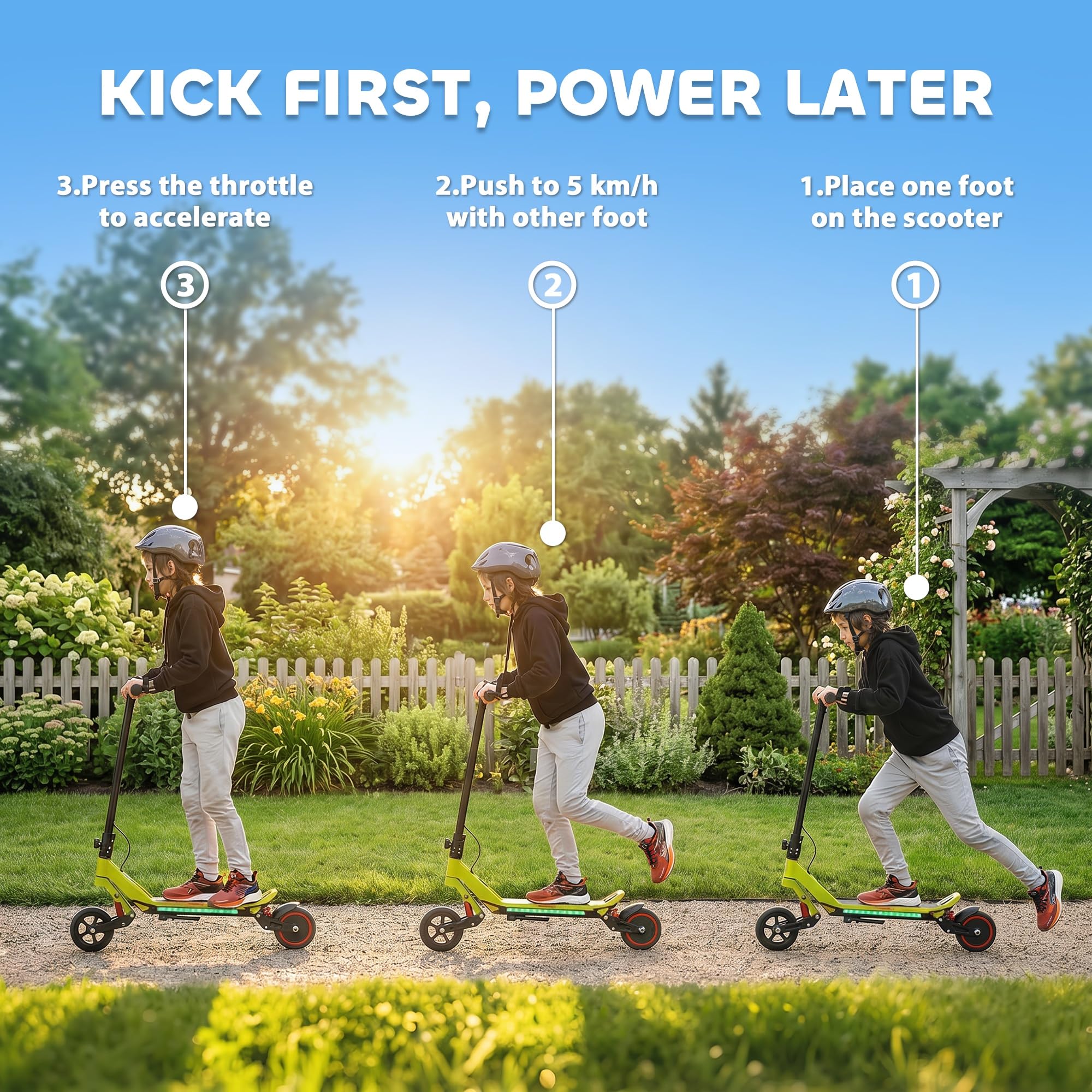 Patinete eléctrico para niños, plegable, para niños de 6 a 14 años, con pantalla LED, luces RGB, hasta 16 km/h, rango máximo de 12 km, kick-to-start, para niños y niñas