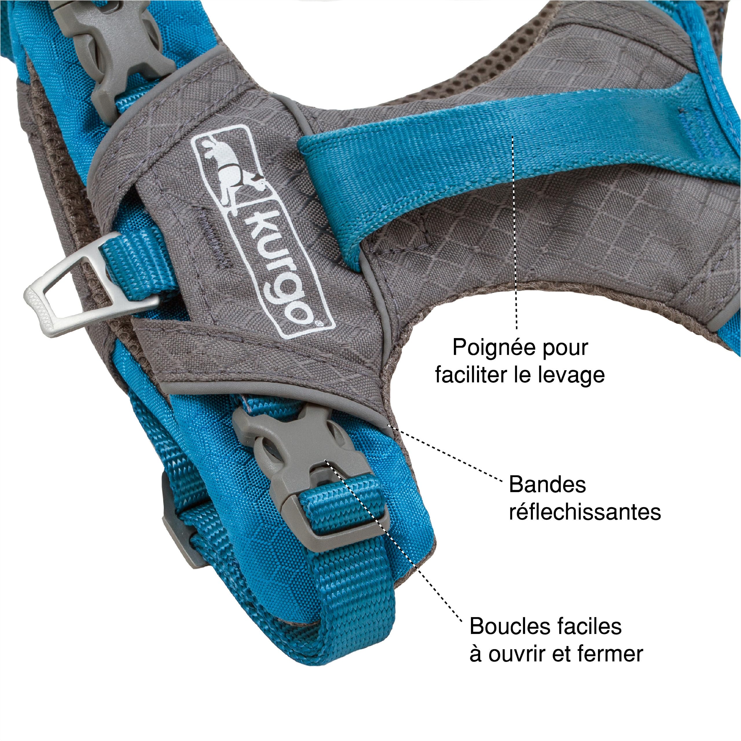 Kurgo Harnais pour Chiens Journey Air, pour la randonnée, courir et marcher tous les jours, réfléchissant – Bleu/gris - Taille L