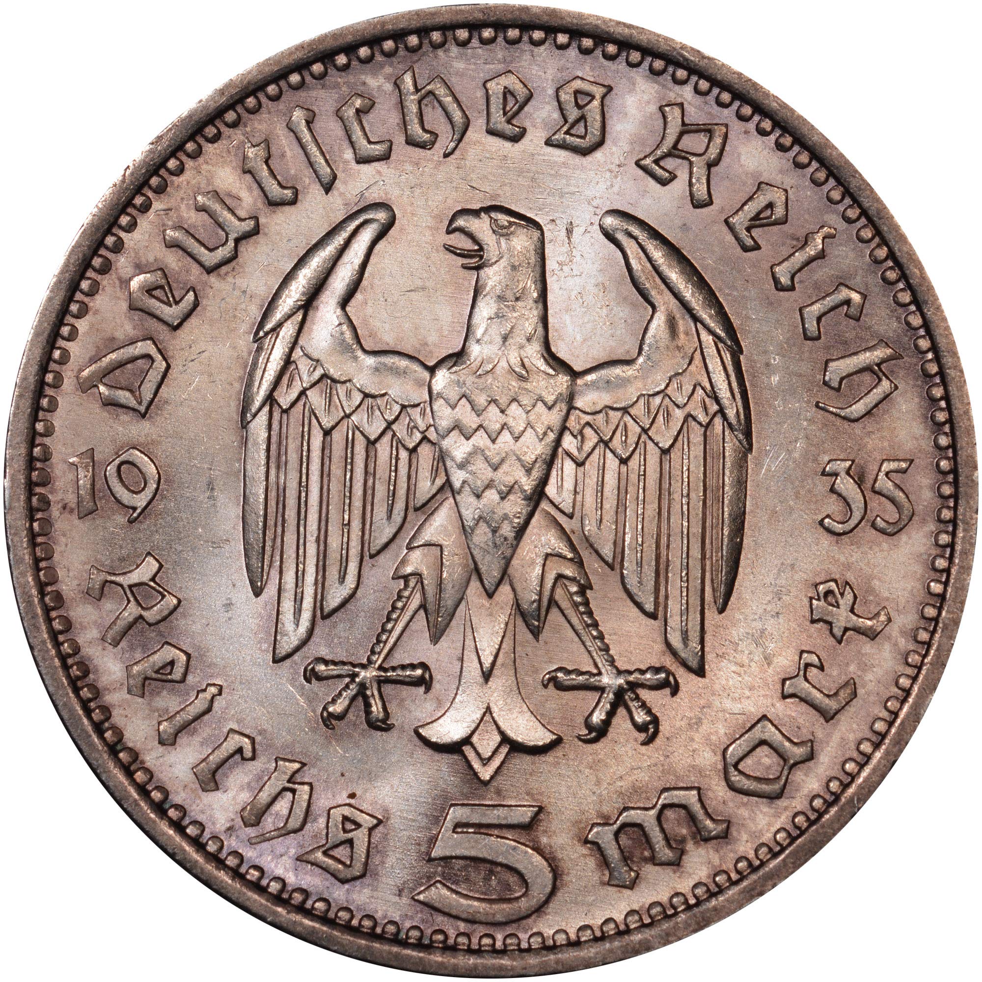 1935年ドイツパウル・フォン・ヒンデンブルク 5マルク PCGS認証 - 0