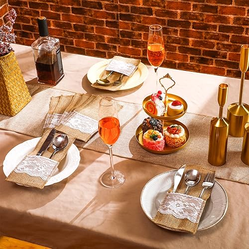 Miniatura 4 de Windyun 100 piezas de 4.1 x 8.9 pulgadas de arpillera natural de encaje para utensilios de boda, bolsa de arpillera para cubiertos, bolsa de soporte