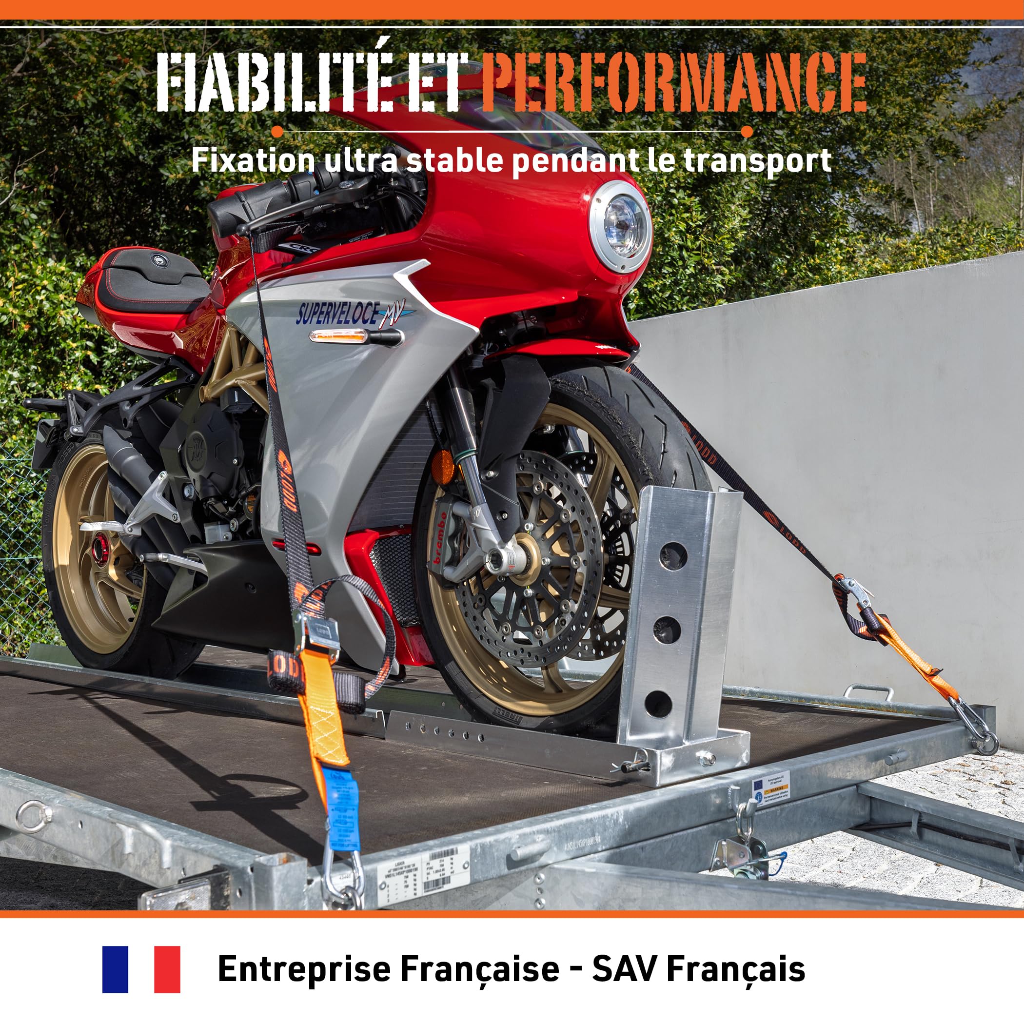 LODD – Sangles Moto, Arrimage au Guidon avec Manchons Composites Renforcés, Boucles Renforcées, 38 mm, Résistance 1100 kg, Mousquetons Acier, Remorque, Motos routières & Sportives – Valise Incluse