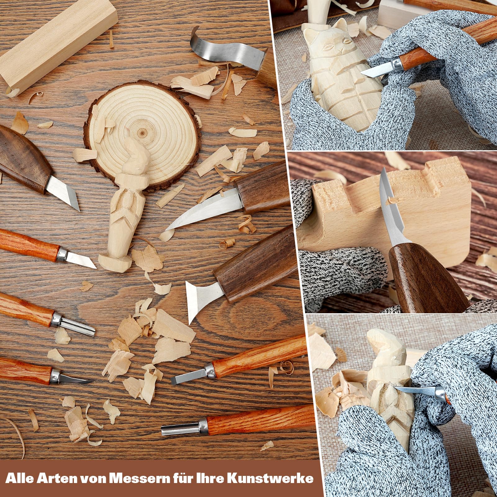 Holzschnitzwerkzeuge, 15-teiliges Holzschnitzset mit PU-Aufbewahrungstasche, Holzschnitzset mit 6 Schnitzmessern und 5 Detail-Schnitzmessern für Erwachsene, Holzschnitz-DIY，kürbis schnitzset