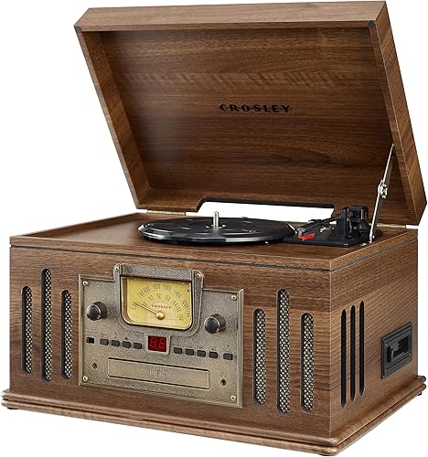 Miniatura 5 de Crosley CR704B-WA Musician Tocadiscos de 3 velocidades con radio, reproductor de CDcasete, entrada auxiliar y Bluetooth, color nogal
