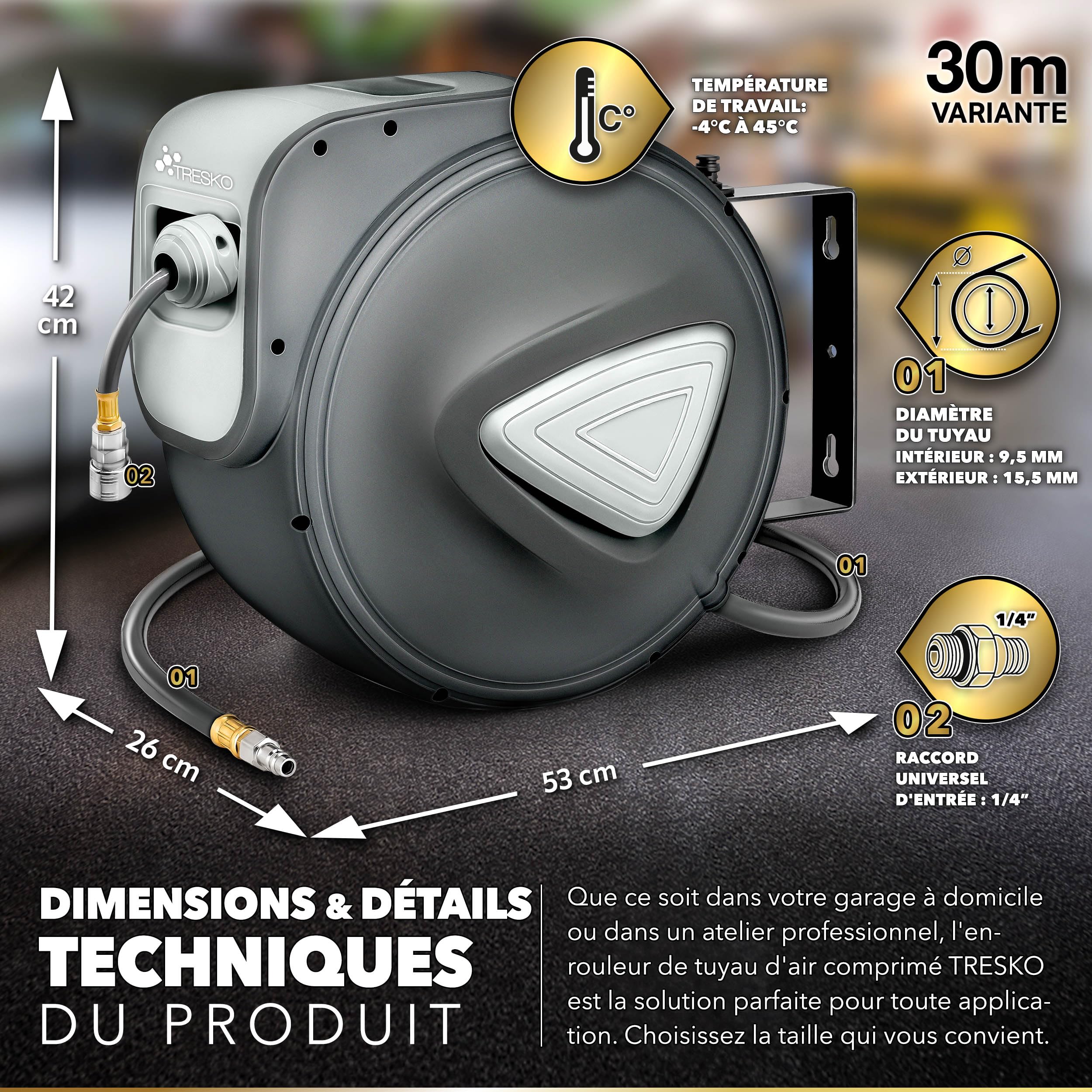 TRESKO® Enrouleur automatique de Tuyau à air comprimé 30m | Connexion 1/4" | Dévidoir Tuyau Automatique Mural, Gris