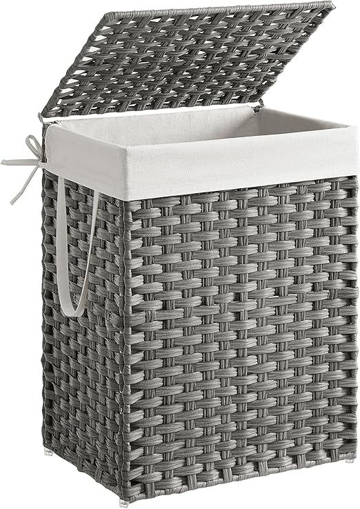 SONGMICS Laundry Hamper with Lid, 23.8 Gallon (90 L) Synthetic Rattan Clothes Laundry Basket with Lid and Handles, Foldable, Removable Liner, Dove Gray ULCB51WG