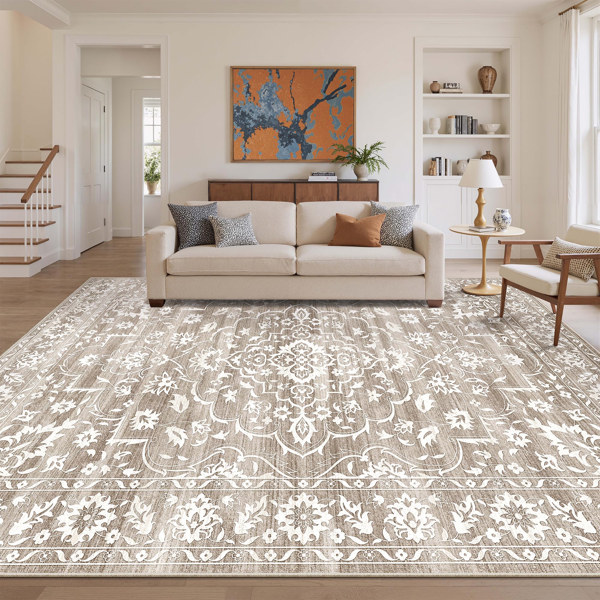 soalmost 8x10 area rugs for living room, washable neutral rug light brown | vintage floral stain resistant non-slip low pile large carpet for dining room bedroom home office nursery grey, 8'x10'