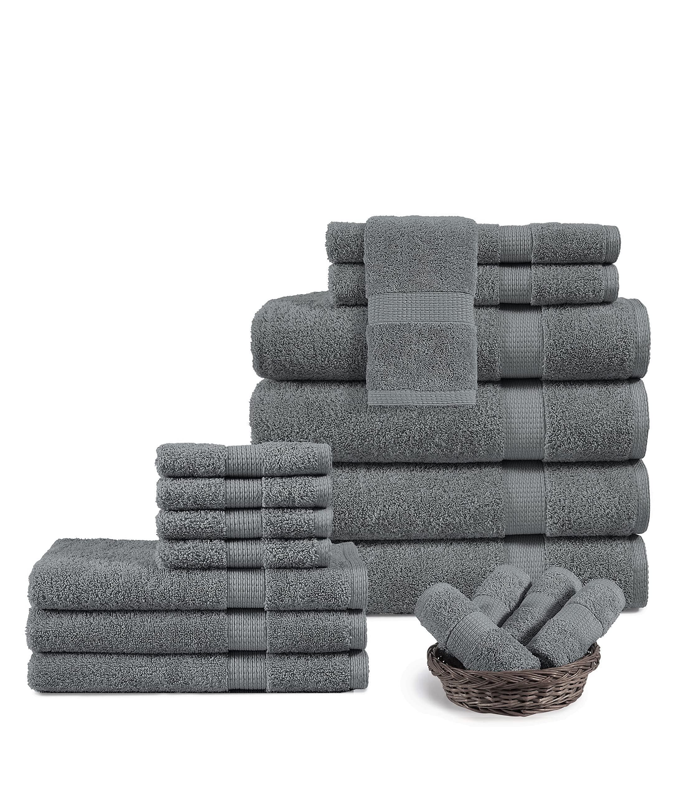 LANE LINENCotton Bath Set - 18 PC Towels for Bathroom - 4 Large, 6 Hand, 8 Wash Cloths - Soft Turkish Towels in Space Grey