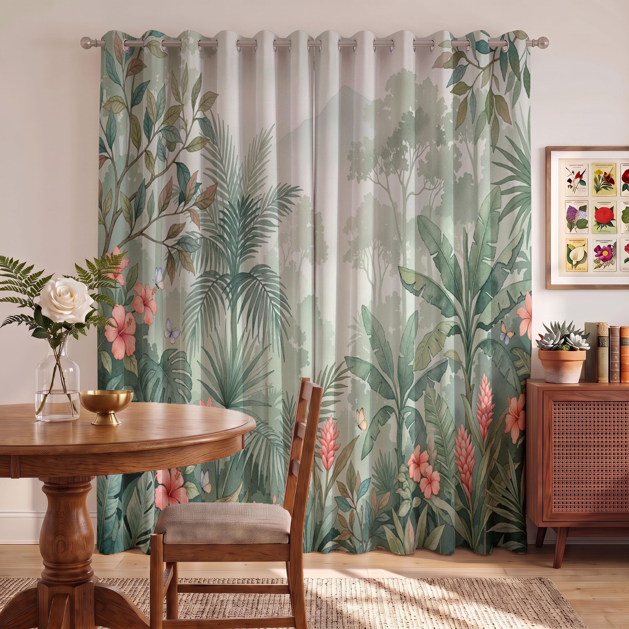 Rideau Occultants Fleurs De La Forêt Tropicale Humide Vert 140X220 Cm (Lxh) | Rideau Opaque Thermiques Palmier Brumeux pour Chambre d'enfant, Lot De 2 Draperies Intérieurs À Oeillets