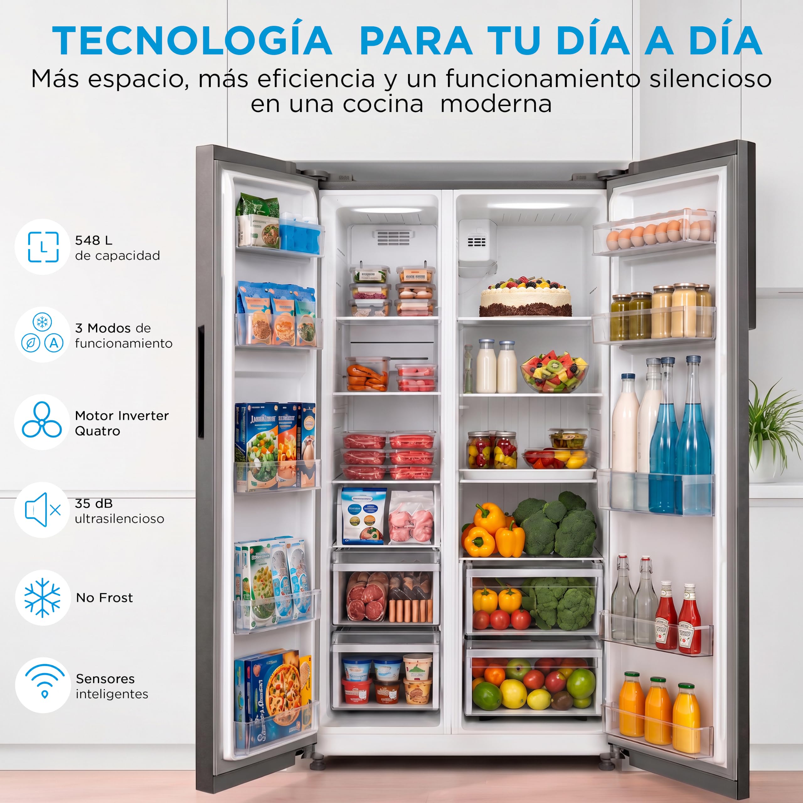 MIDEA Frigorifico Americano No Frost, 548L, 176 x 89,7 cm, Motor inverter | Nevera Americana con Congelador, Silencioso 35 db,Panel táctil, Multi air flow, Bajo consumo, Frigorifico combinado 3 modos