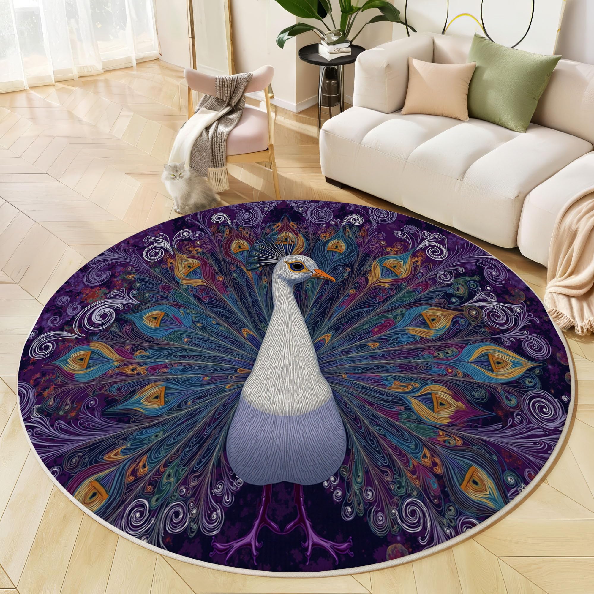 Tapis salon rond violet foncé motif paon blanc bohème lavable 200 cm