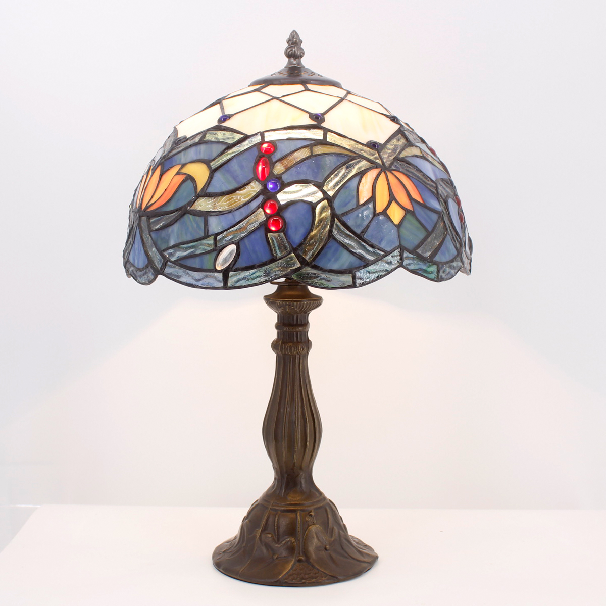 Image of WERFACTORY Tiffany Table Lamp Stained Glass Bedside Lamp Blue Lotus 18 Inch