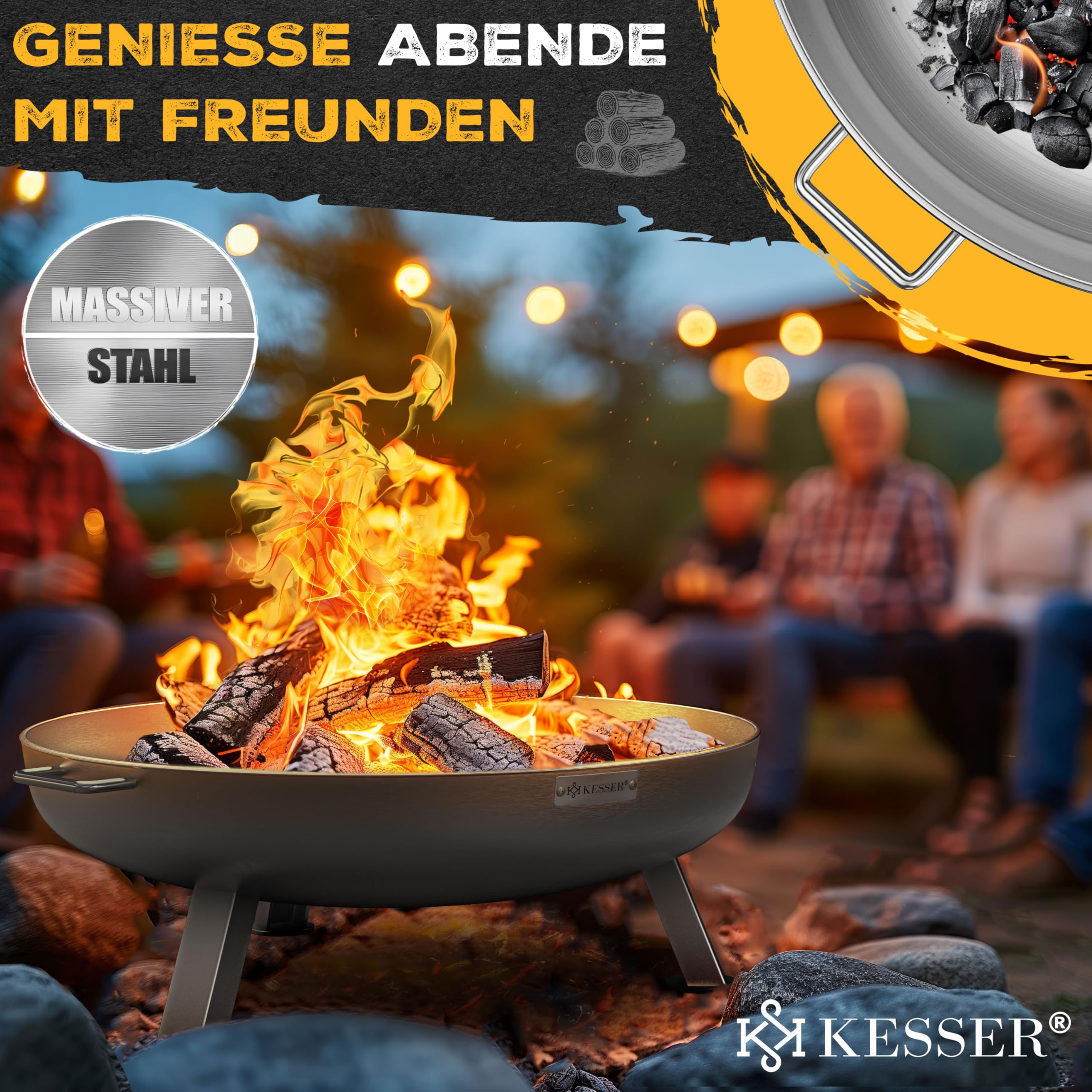 KESSER Feuerschale 2,5mm Stahldicke Ø80cm legierter Stahl Feuerkorb mit Feuerhaken Gusseisen für Garten Terrasse