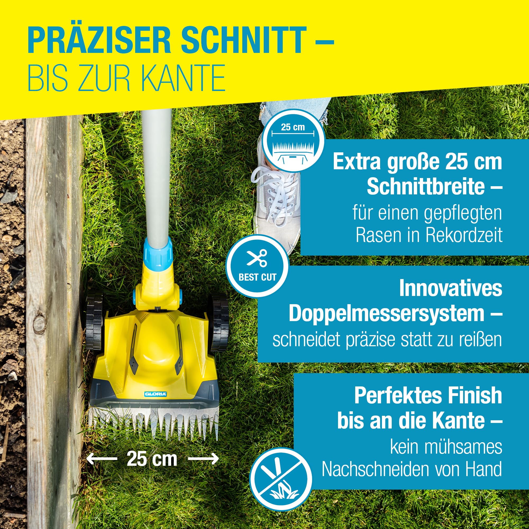 GLORIA Akku Rasen- & Kantenschneider FineCut 18V | Rasentrimmer & Rasenmäher mit 25 cm Schnittbreite | Ideale Ergänzung zum Mähroboter | Rasenkantenschneider kompatibel mit Bosch 18V (ohne Akku)