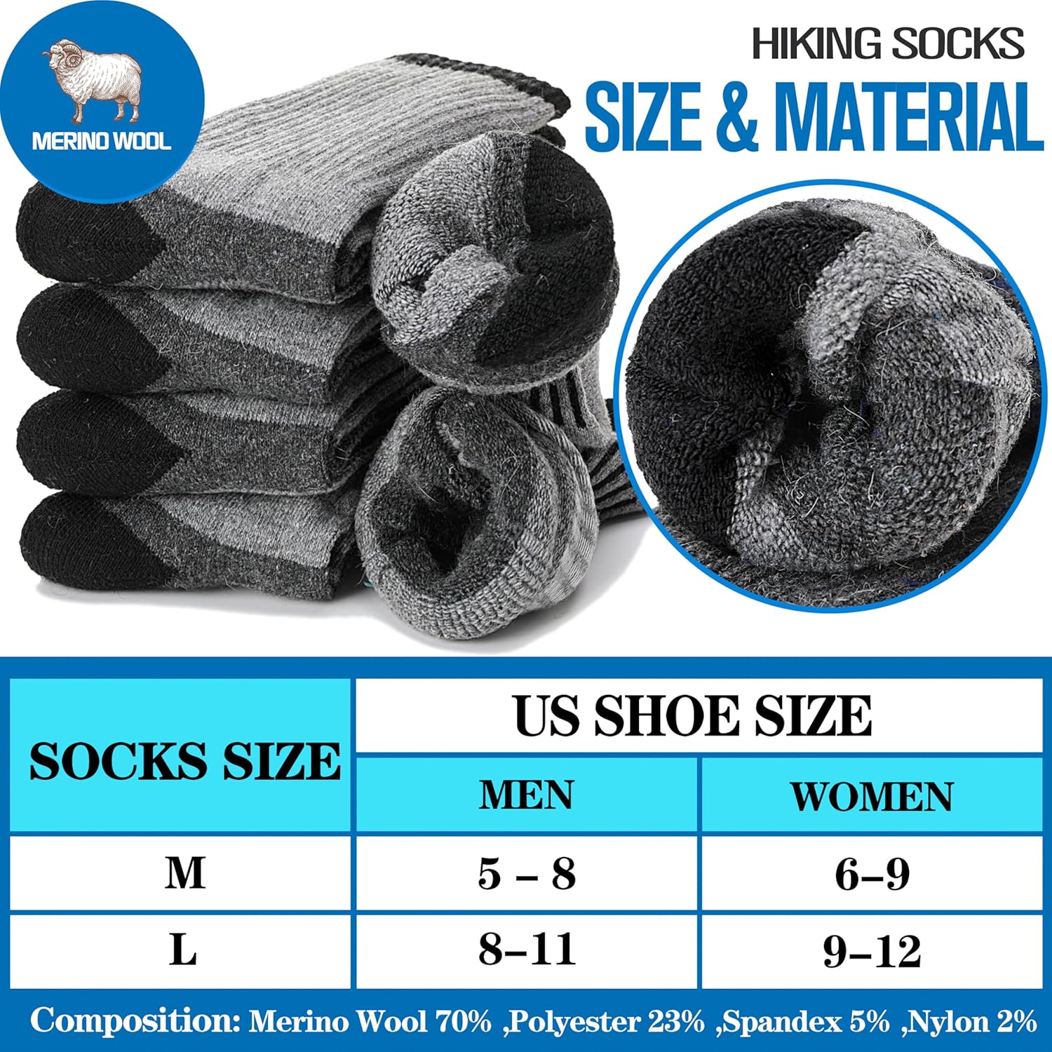 5 Pairs Merino Wool Hiking Socks Warm Thermal Winter Cozy Cushioned Moisture Wicking Socks for Women & Men - Image 5