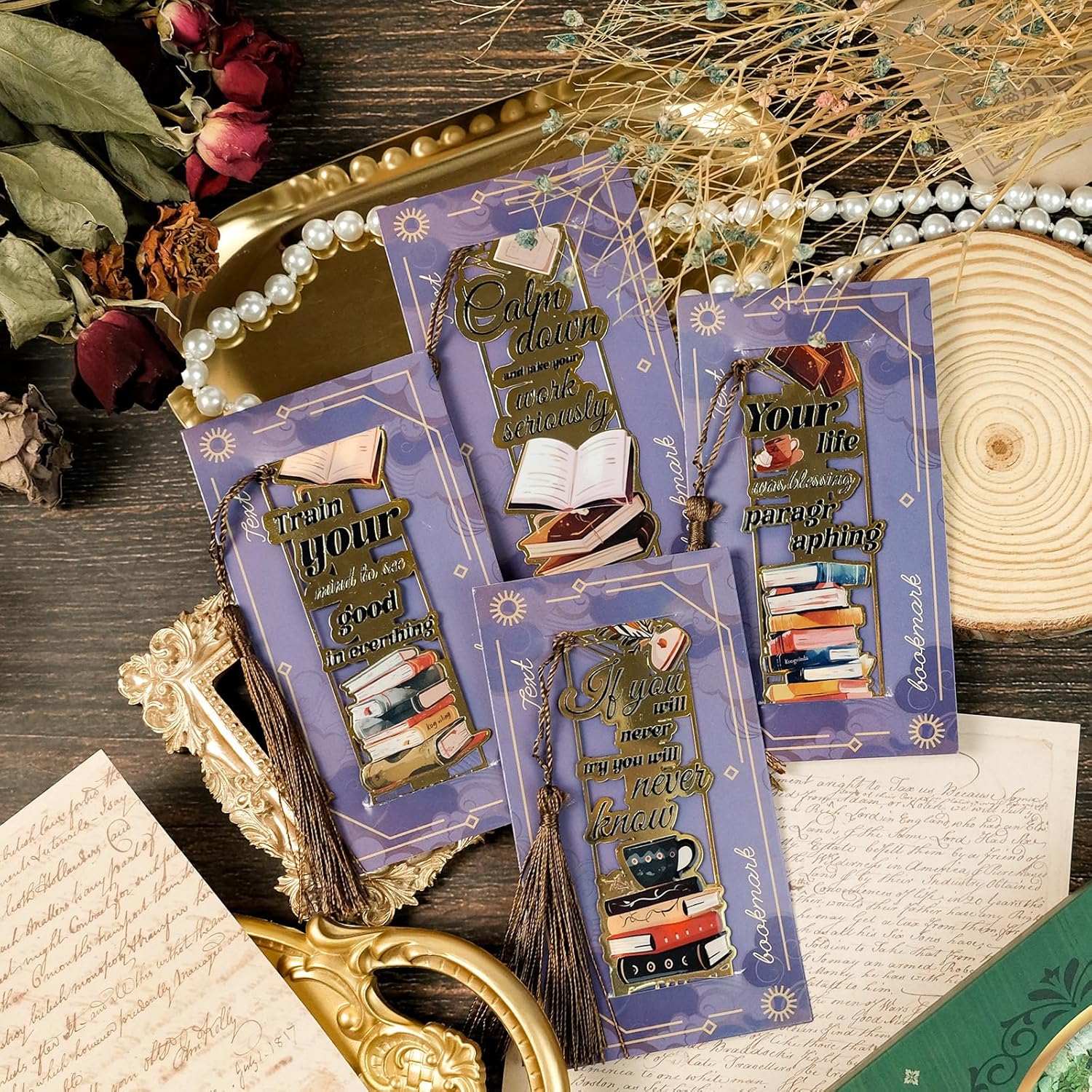 4-Pack Metal Golden Hollow Inspirational Bookmarks with Tassels – Vintage Book Lover's Gift, Motivational Quotes Book Marks for Reading Enthusiasts, Students, Teachers, Men, Women - Image 3