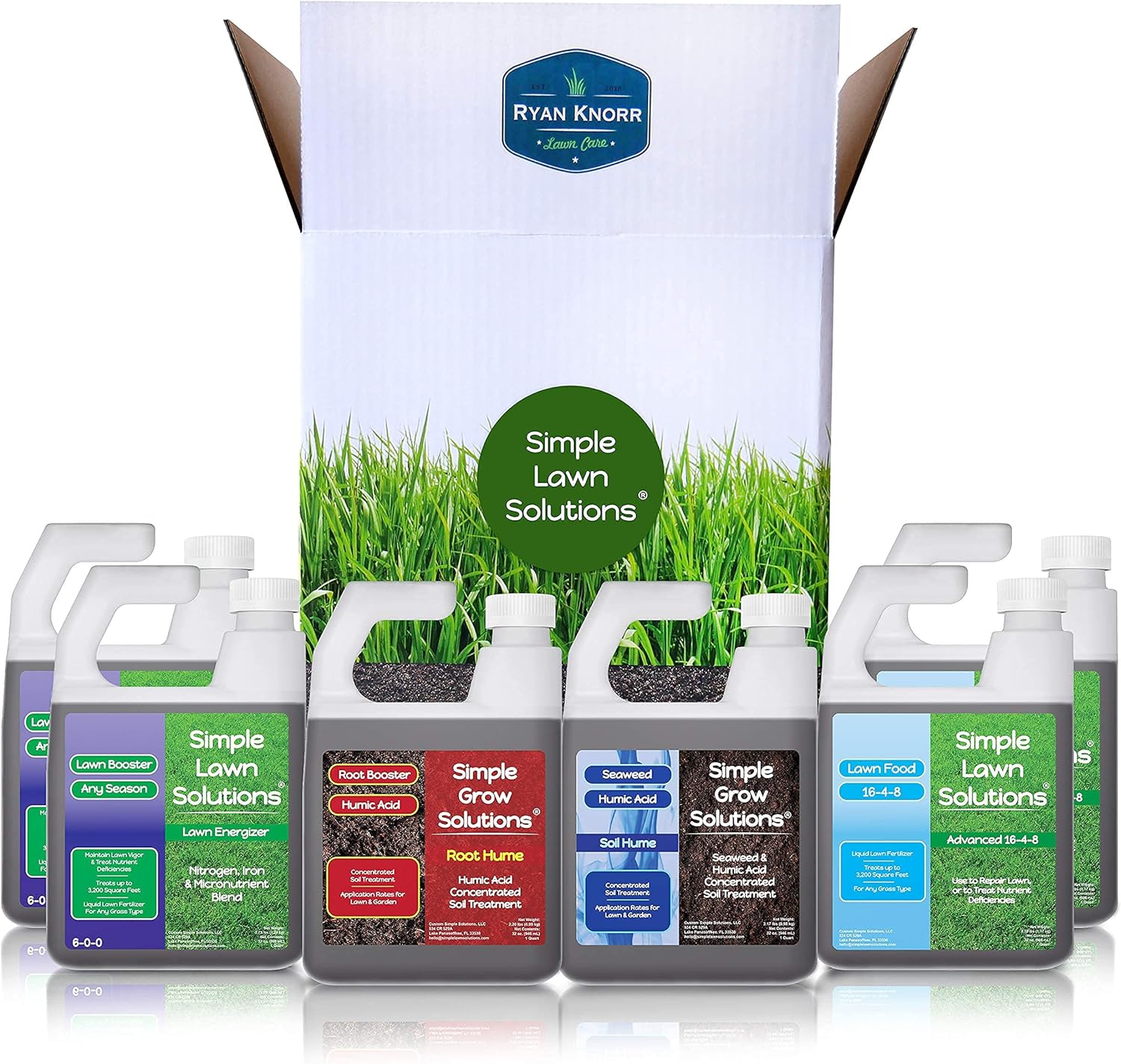 Simple Lawn Solutions - Ryan Knorr - Lawn Essentials Bundles - Lawn Food 16-4-8, Lawn Energizer Booster, Soil Hume, Root Hume and Three 1 Gallon Refill Bottles