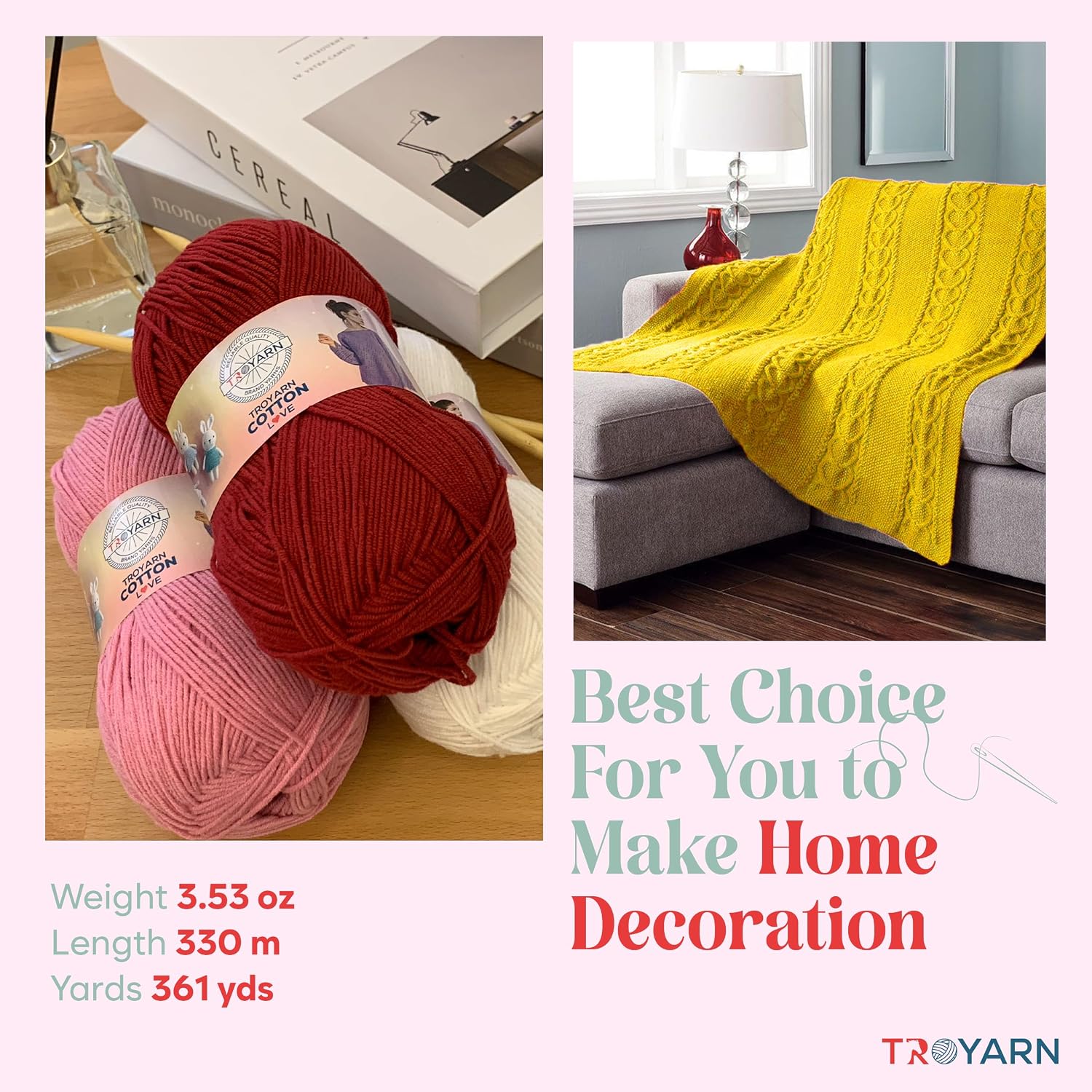 Troyarn Cotton Love (2- Skeins Pack) 55% Cotton 45% Acrylic Yarn Cotton Yarn (2 x 3.52 Oz - 2 x 100 gr) / (2 x 360 Yard - 2 x 330 mt)(113110-Yellow)